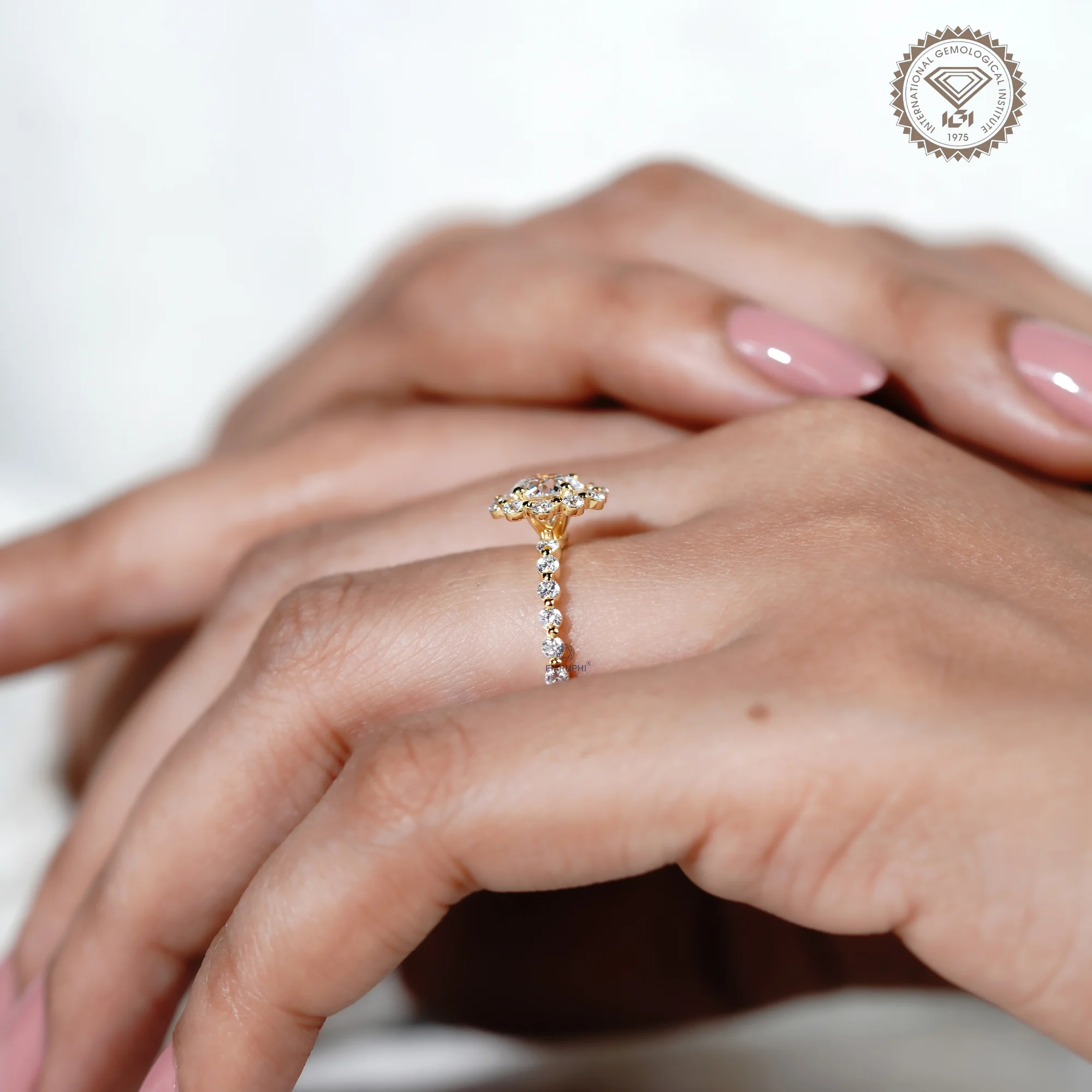 1.00 CT Round Lab Grown Diamond Halo Engagement Ring, 18k Gold Wedding Band — view 8