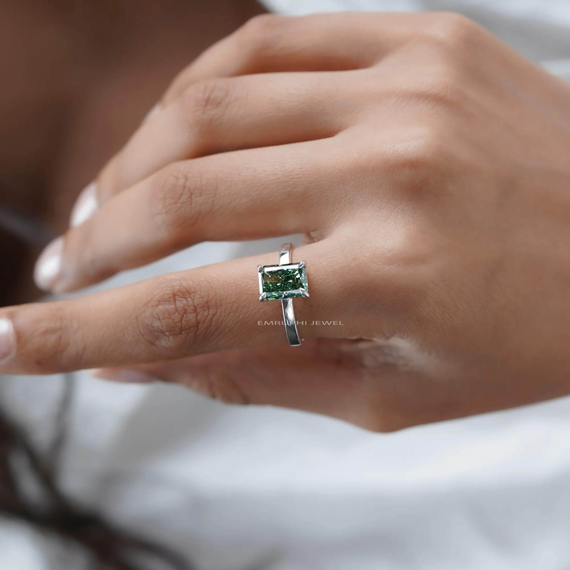 3 CT Green Radiant Cut Lab Diamond Solitaire Ring, VVS Clarity — view 5