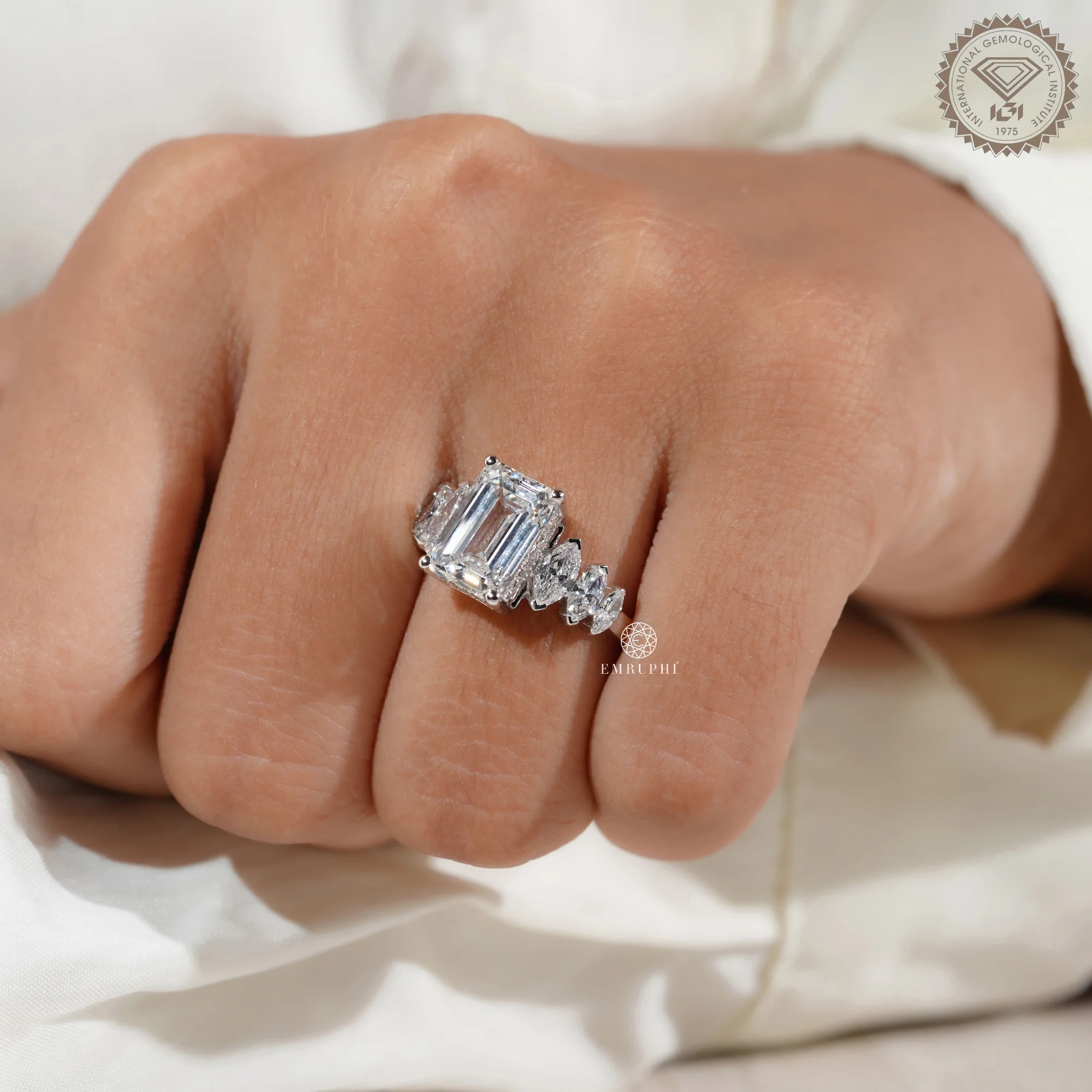 Emerald Cut Diamond Engagement Ring With Marquise Side Stone, Cluster Setting Ring — view 7