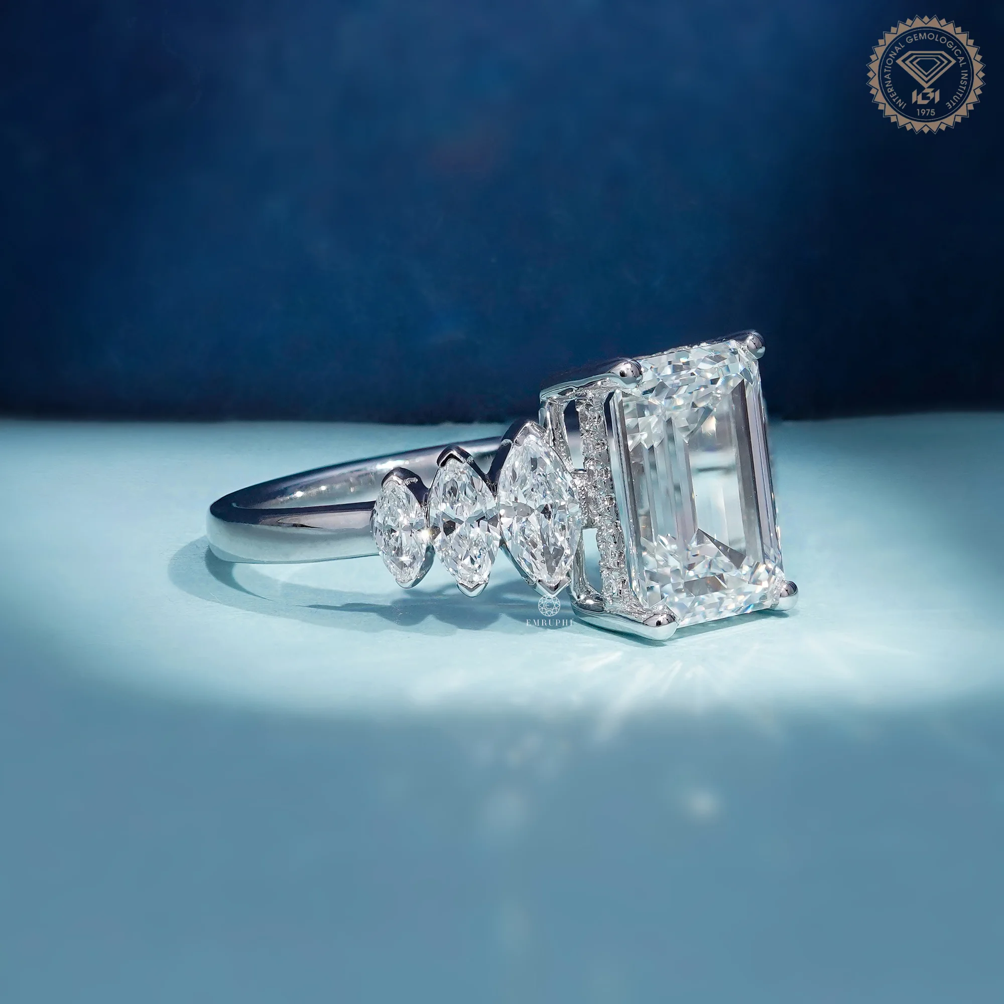Emerald Cut Diamond Engagement Ring With Marquise Side Stone, Cluster Setting Ring — view 3