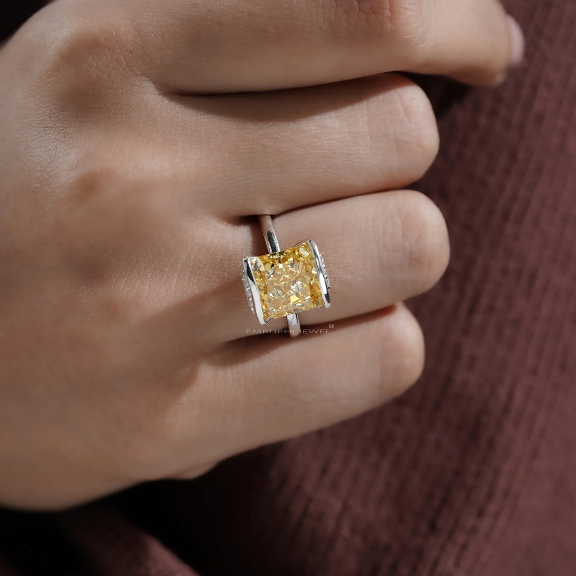6 Carat Asscher Fancy Yellow Lab Grown Diamond Ring: Bezel Set Solitaire — view 6