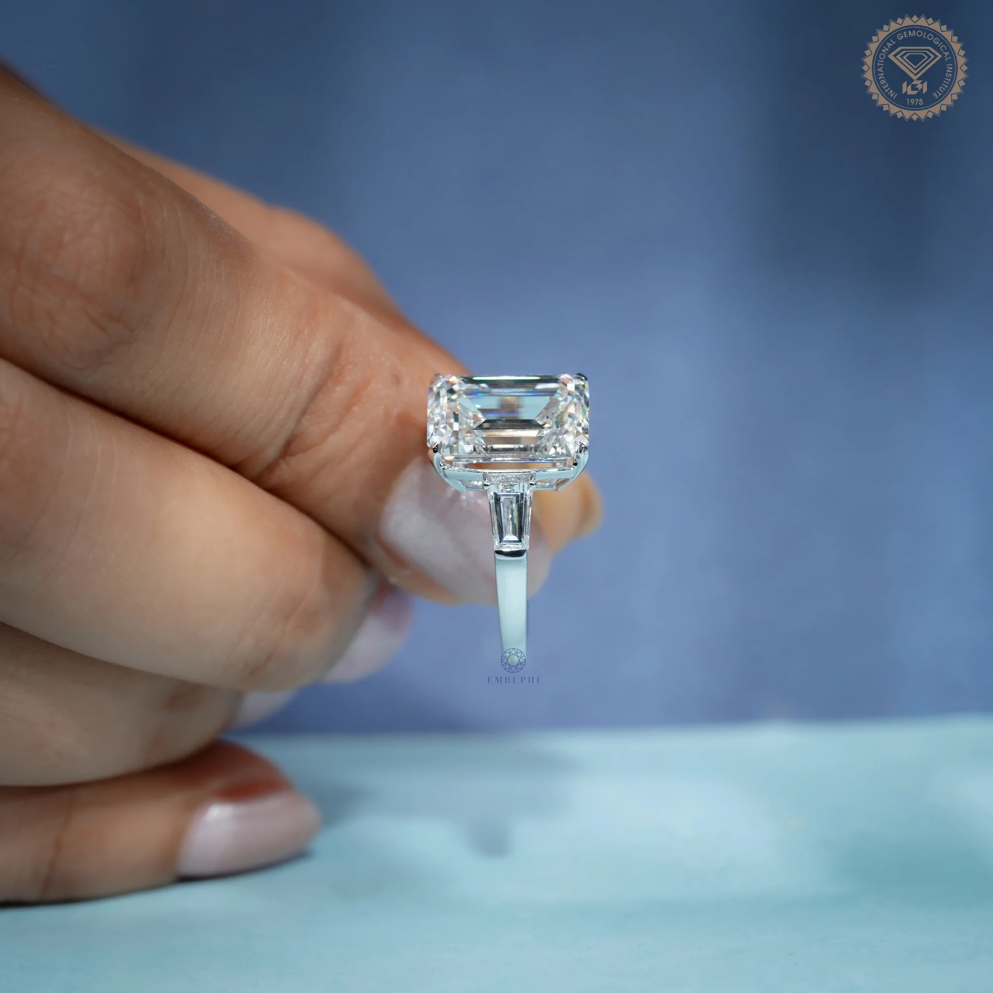 6 CT Emerald Cut Lab Grown Diamond Ring, Tapered Baguette Three Stone Engagement Ring, IGI Certified — view 7