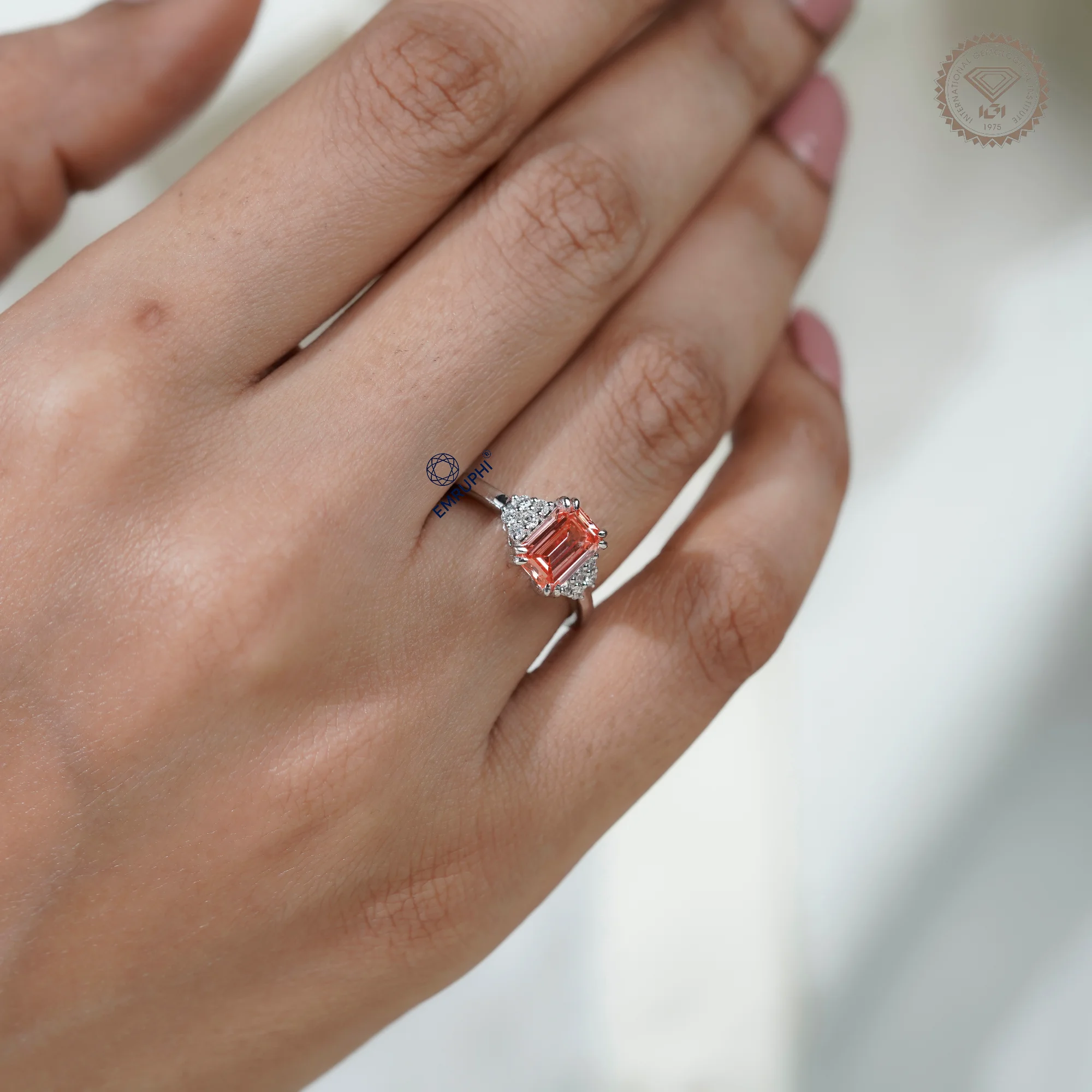 Emerald Cut Vivid Pink Lab-Grown Diamond Cluster Ring, Nature Inspired Ring, Emerald Cluster Ring, Emerald Wedding Ring in 18k Gold — view 15