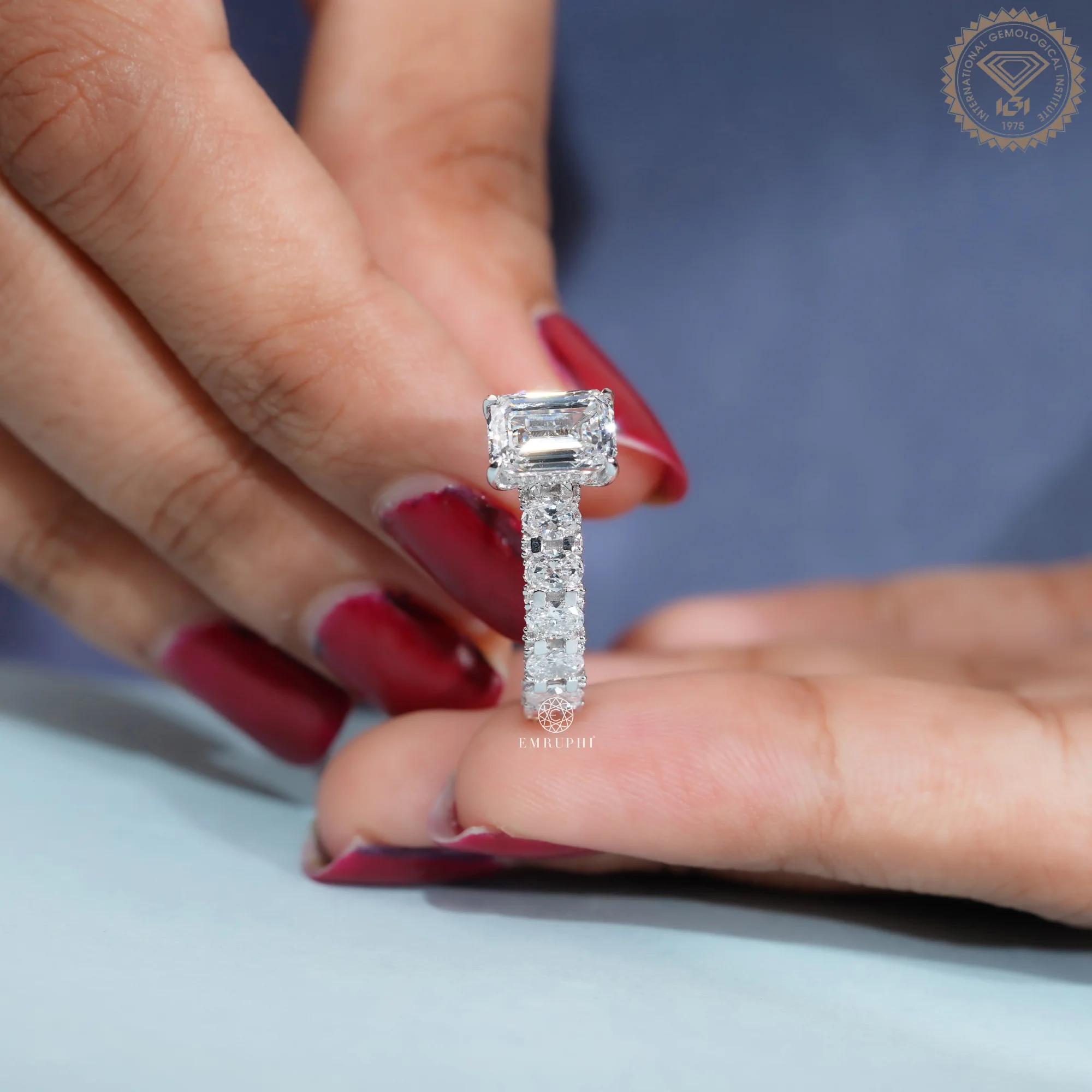 Emerald Cut Lab Grown Diamond Engagement Ring, Diamond Eternity Band — view 6