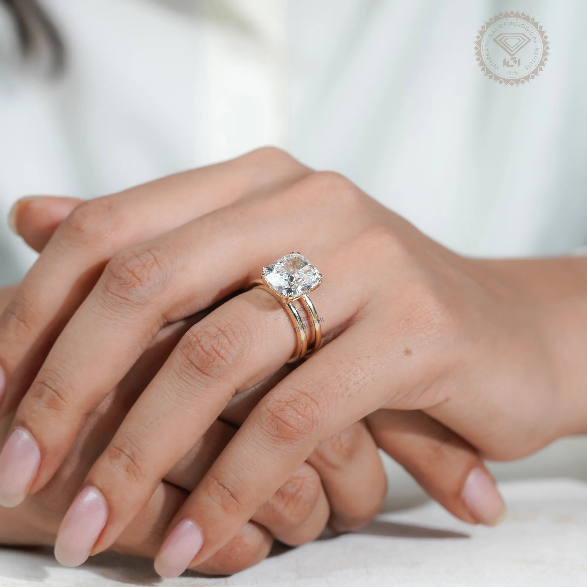 6 Carat Cushion Lab Grown Diamond Engagement Ring, Gold Solitaire Ring — view 7
