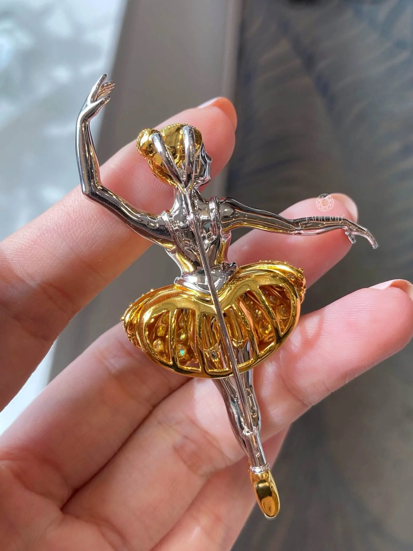 Lab Grown Fancy Yellow Diamond Ballerina Brooch Pendant, Dual Function Ballerina Dancer Pin Necklace — view 3