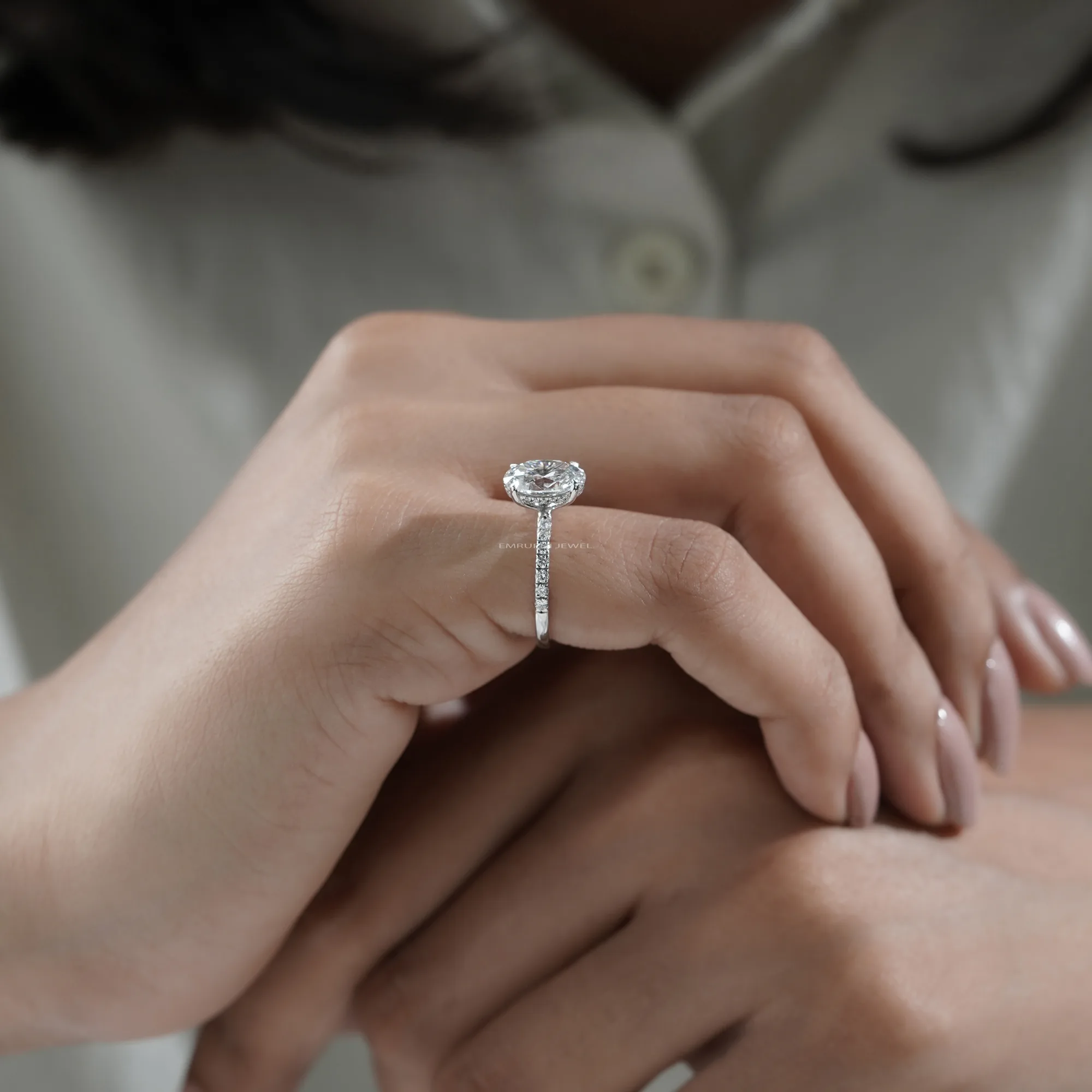 2 CT Oval Lab Grown Diamond Engagement Ring, 14k Gold Pave Band, IGI Certified — view 7