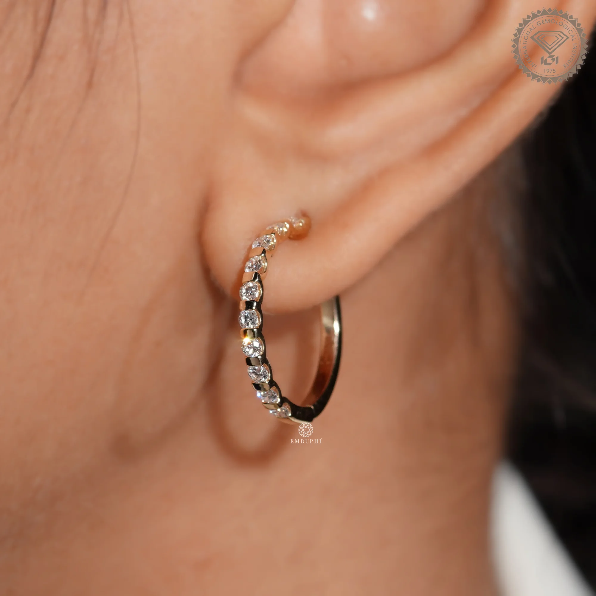 Round Cut Gold Hoop Earrings, Sustainable Dangle Pave Hoops, Channel Set Gold Hoops — view 6