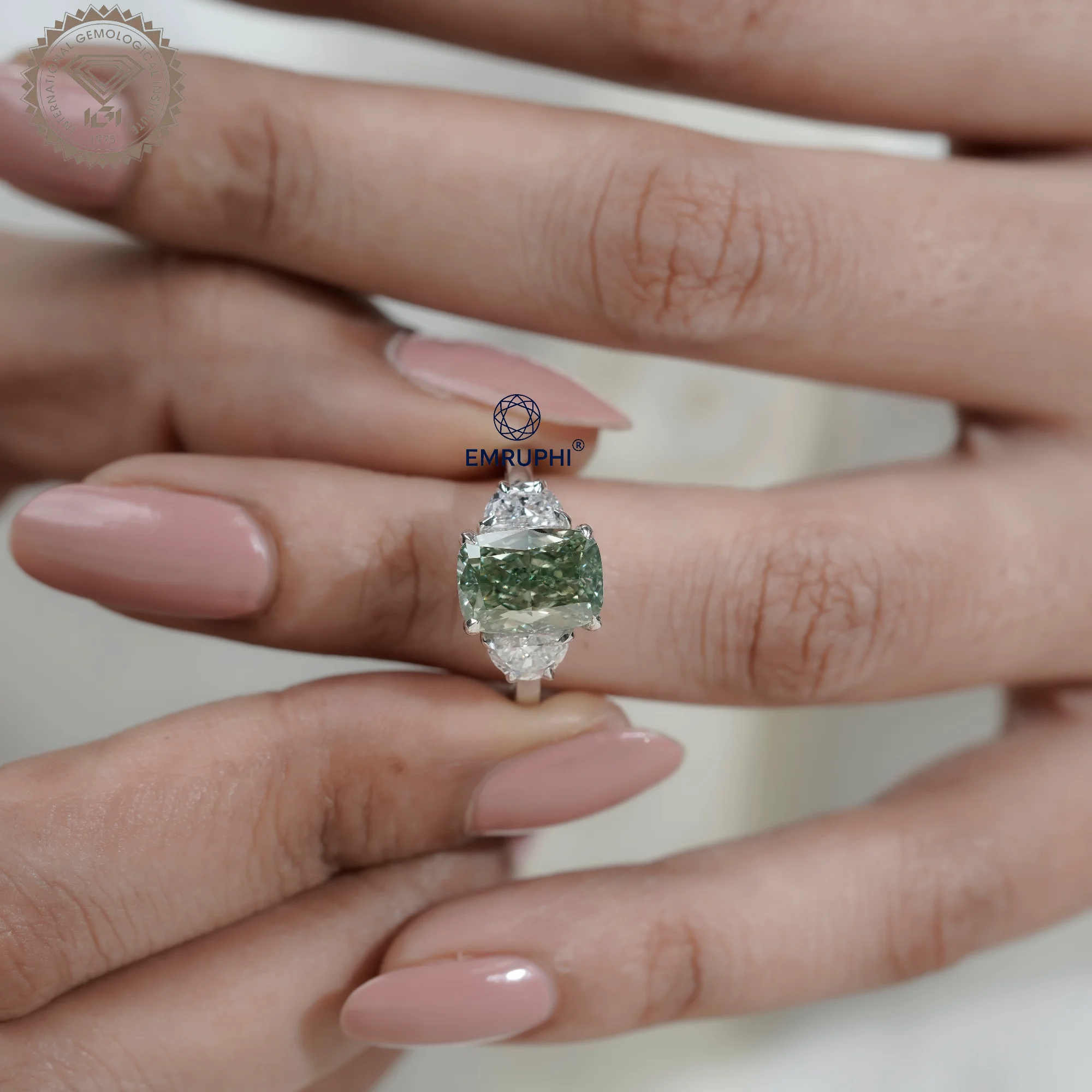 Vivid Green Cushion Diamond Three Stone Ring, 14K Gold Engagement Ring (IGI Certified) — view 7