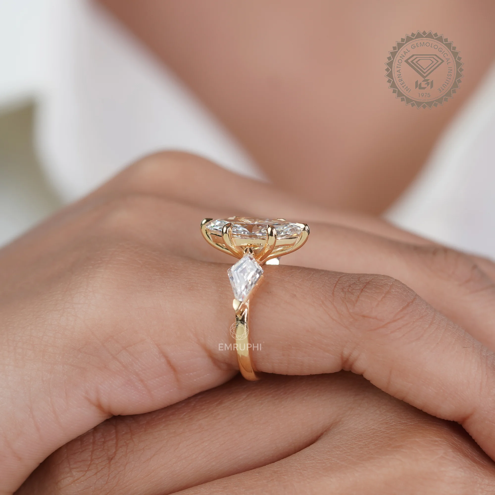 3 CT Marquise Lab Diamond Ring, Kite Side Stones, 14K Gold Wedding Ring — view 10