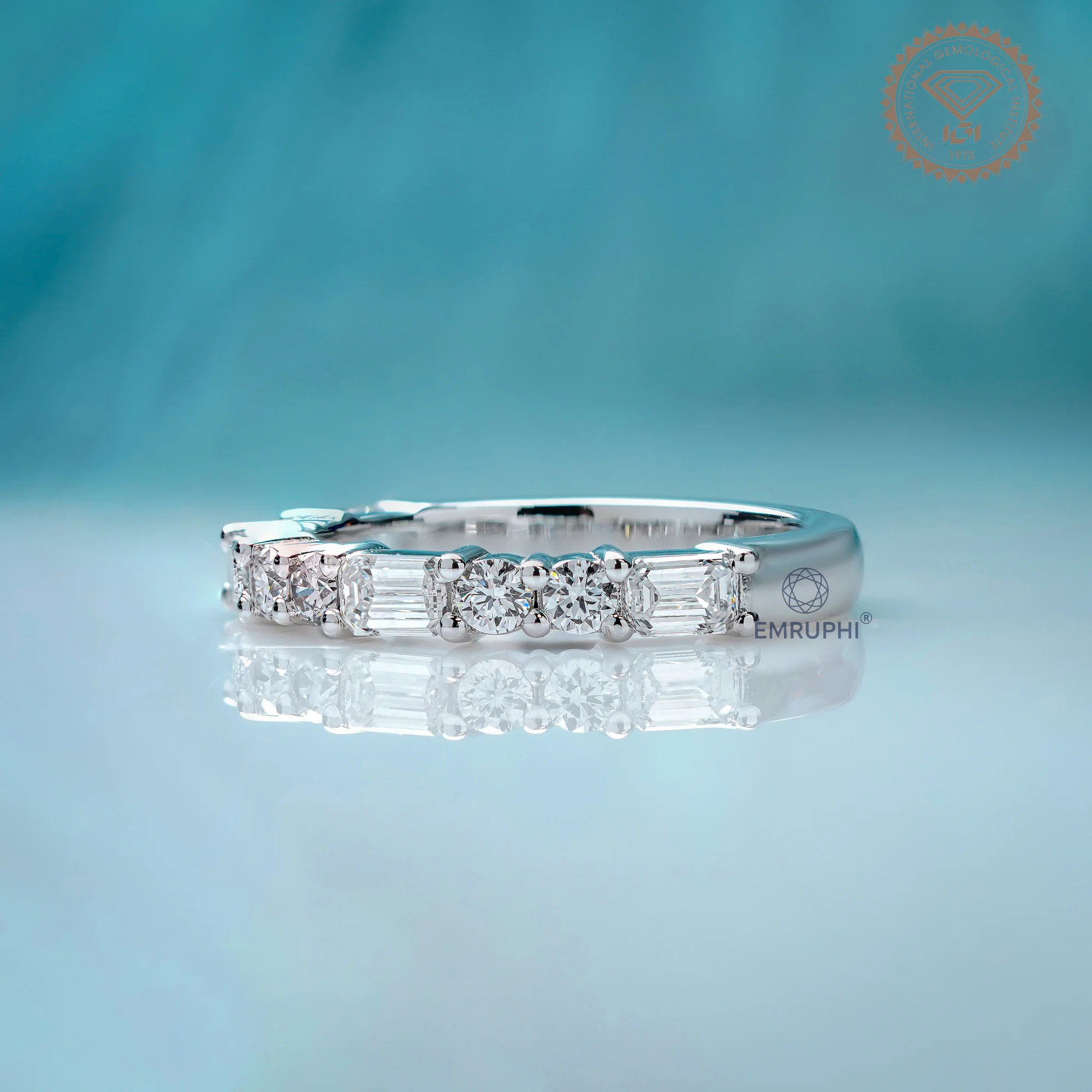 Lab Grown Diamond Half Eternity Band, Emerald Round Cut, Minimalist Wedding Ring — view 2