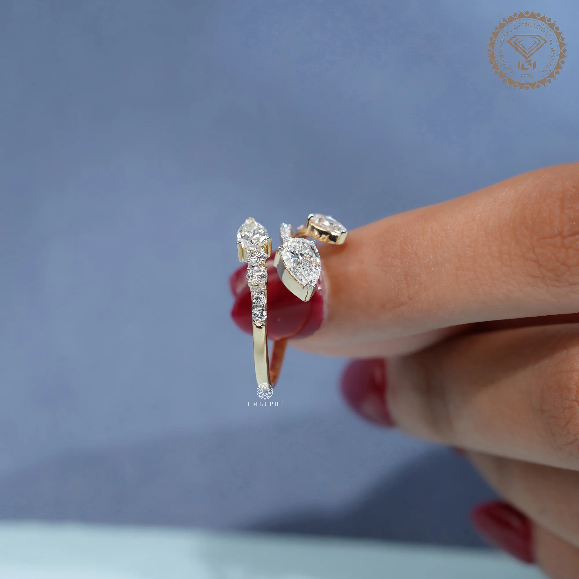 Three Stone Pear Lab Diamond Open Wrap Ring, Toi et Moi Style Ring, IGI Certified Diamonds — view 6