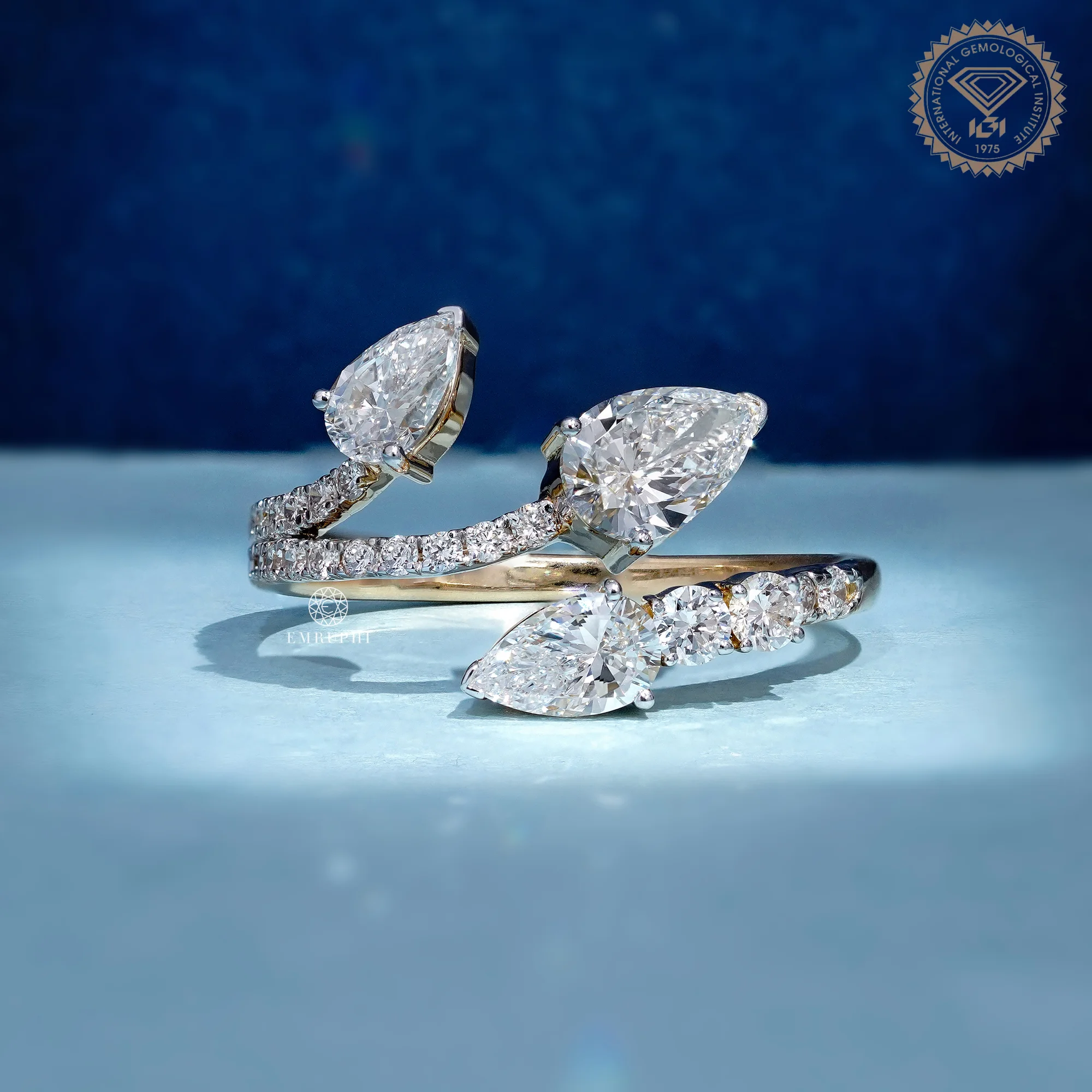Three Stone Pear Lab Diamond Open Wrap Ring, Toi et Moi Style Ring, IGI Certified Diamonds