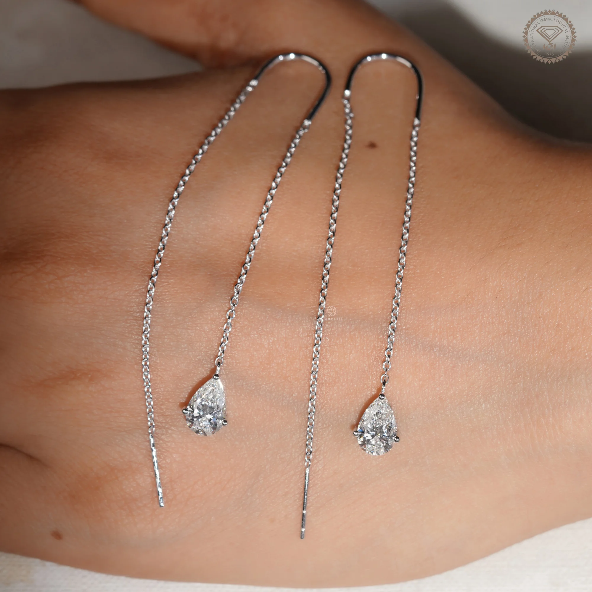 Pear Drop Threader Earrings, White Gold Drop Chain Earrings, Minimalist Long Chain Dangle Earring — view 13