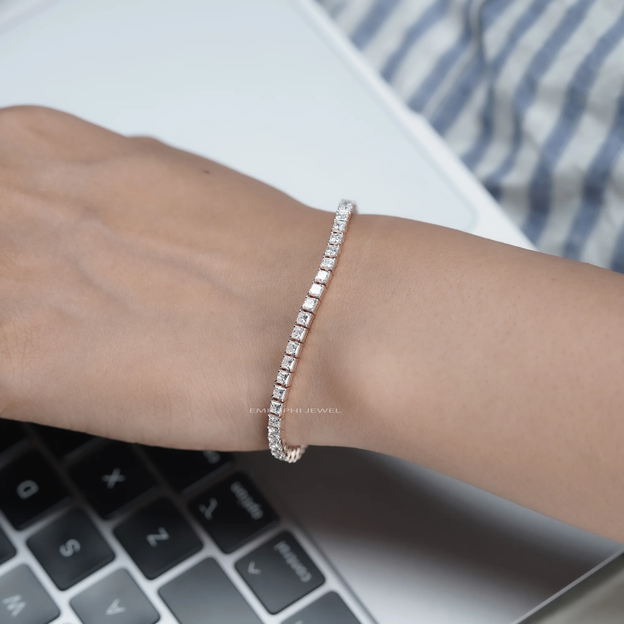 Princess Cut Lab Grown Diamond Tennis Bracelet, Gold Solitaire Bracelet — view 7