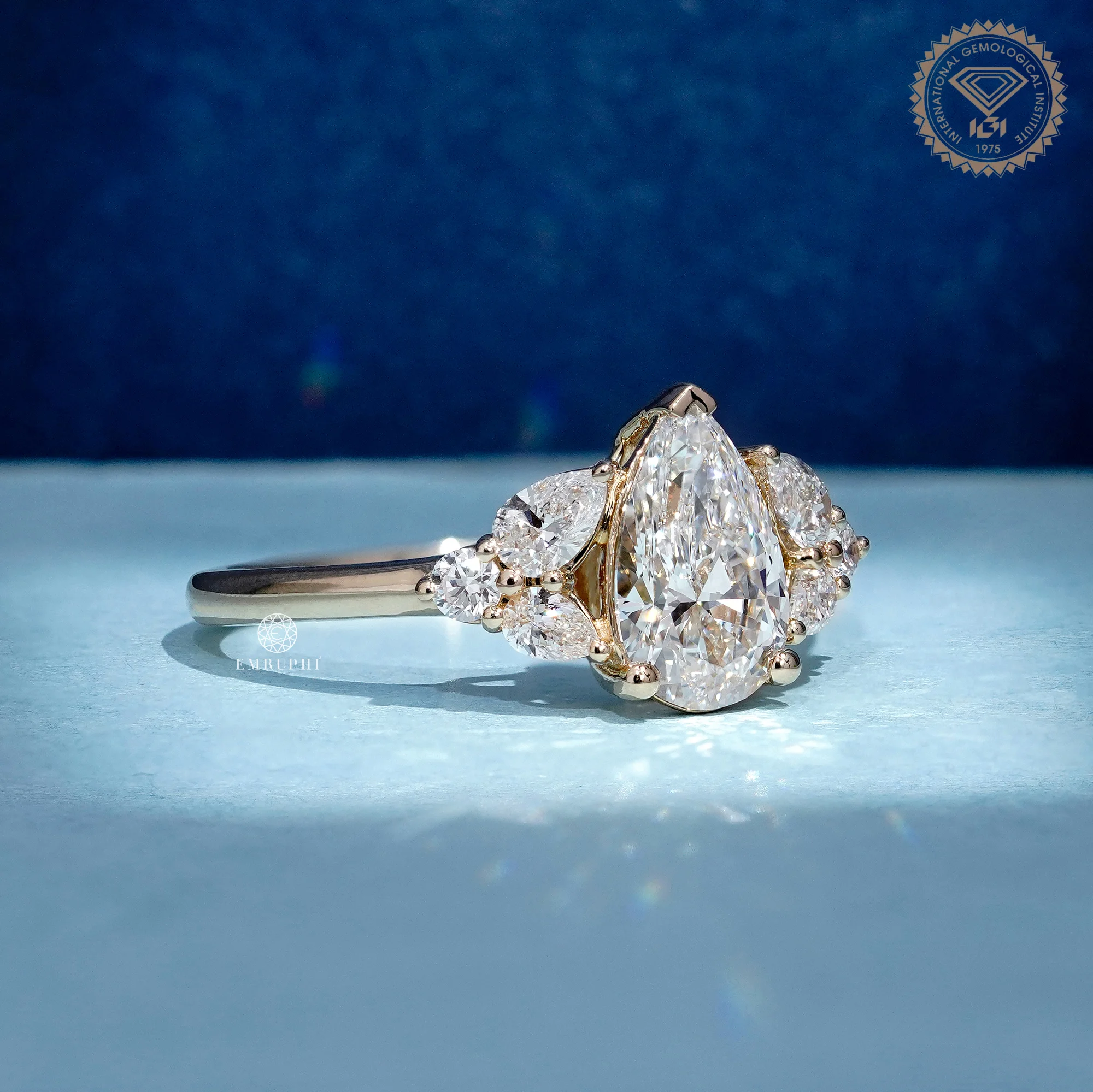 Pear Lab Grown Diamond Cluster Engagement Ring, Vintage Inspired Bridal Jewellery — view 3