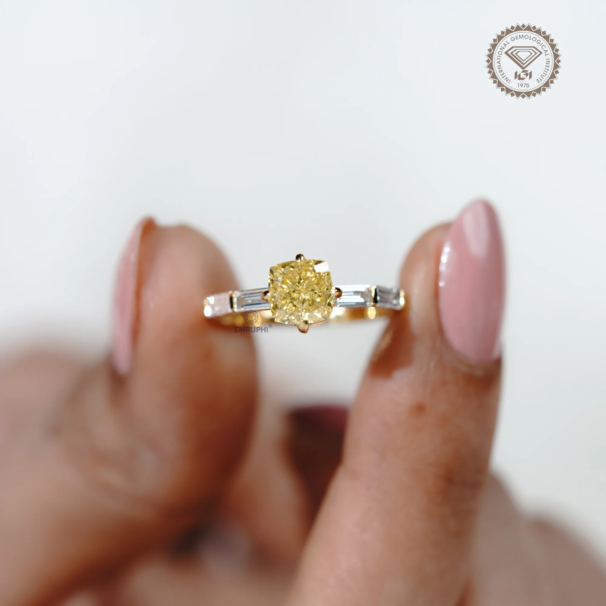 1.5 CT Vivid Yellow Cushion Cut Lab Diamond Ring, 18k Gold Baguette Side Stones — view 6