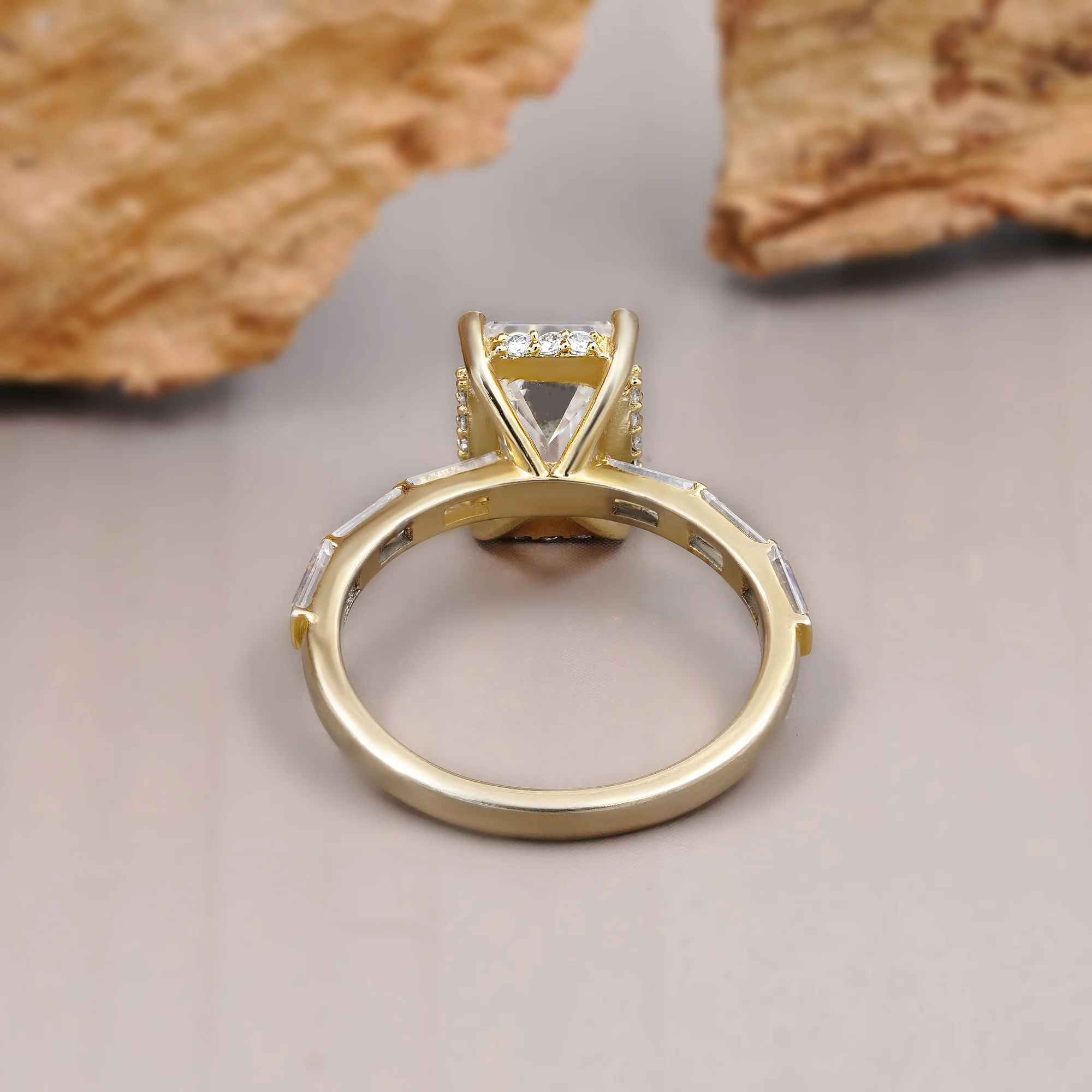 3 CT Emerald Cut Hidden Halo Ring with baguette flush set band — view 4