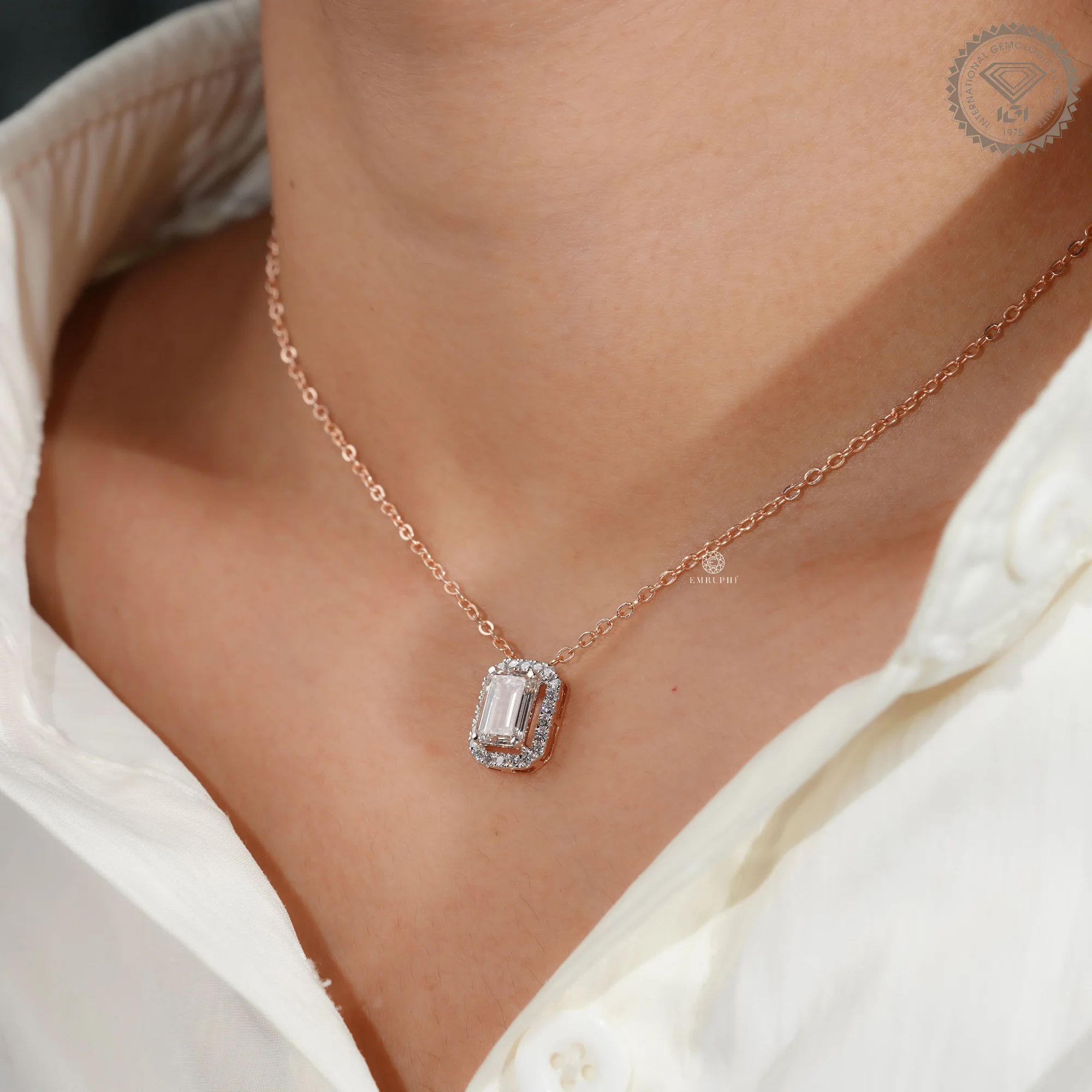 1 CT Emerald Cut Lab Grown Diamond Necklace, Halo Pendant Rose Gold Chain, Two Tone Pendant — view 6