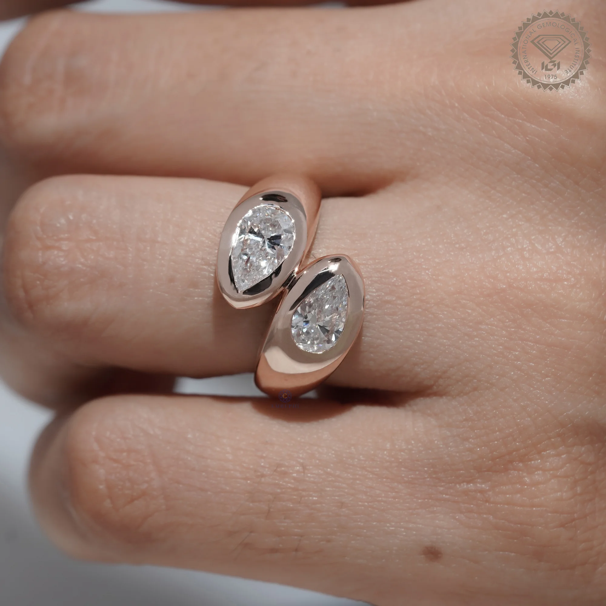 Pear Shape Bezel Lab Grown Diamond Toi et Moi Ring, Modern Open Wrap Engagement Ring, 14K Rose Gold Statement Ring — view 9