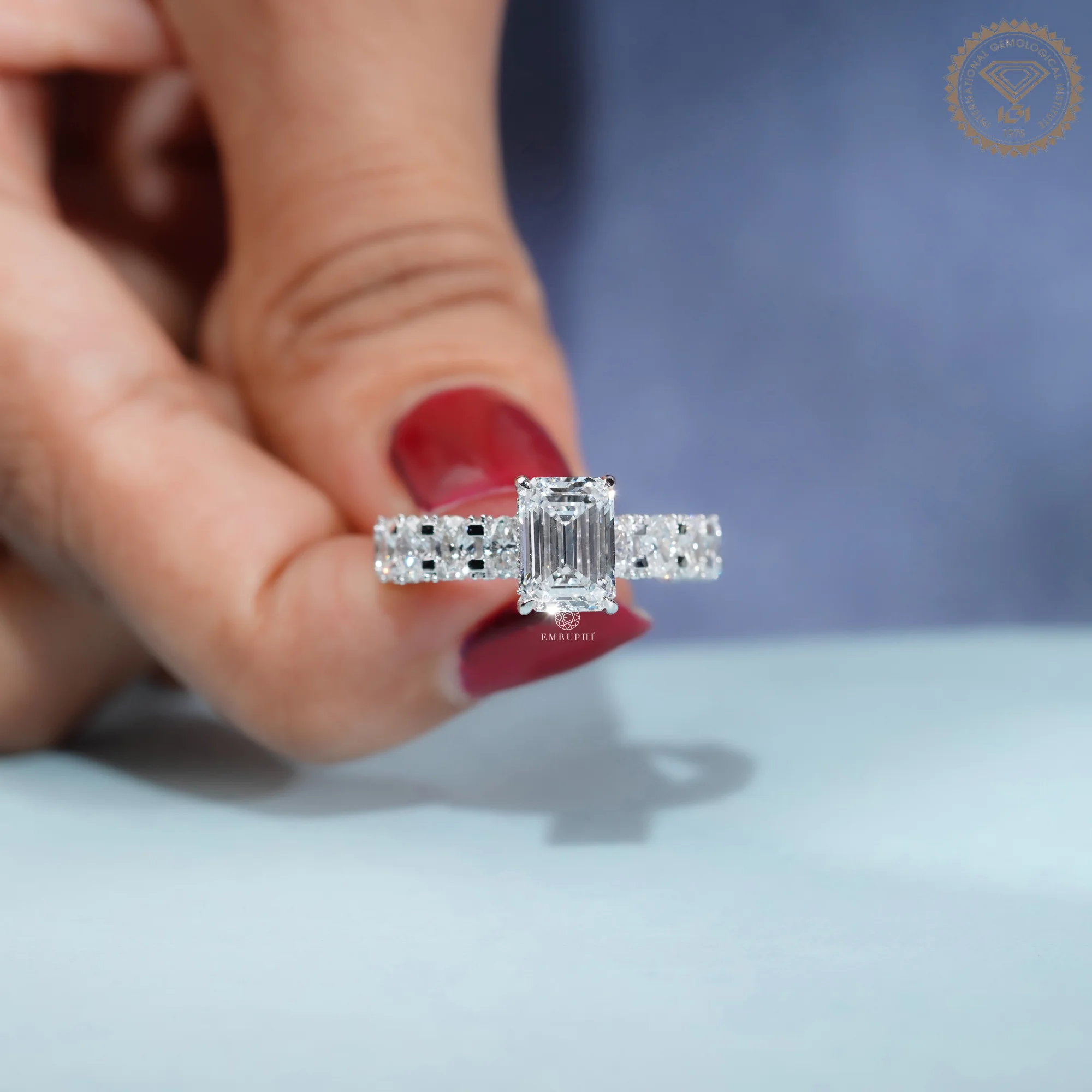 Emerald Cut Lab Grown Diamond Engagement Ring, Diamond Eternity Band — view 5