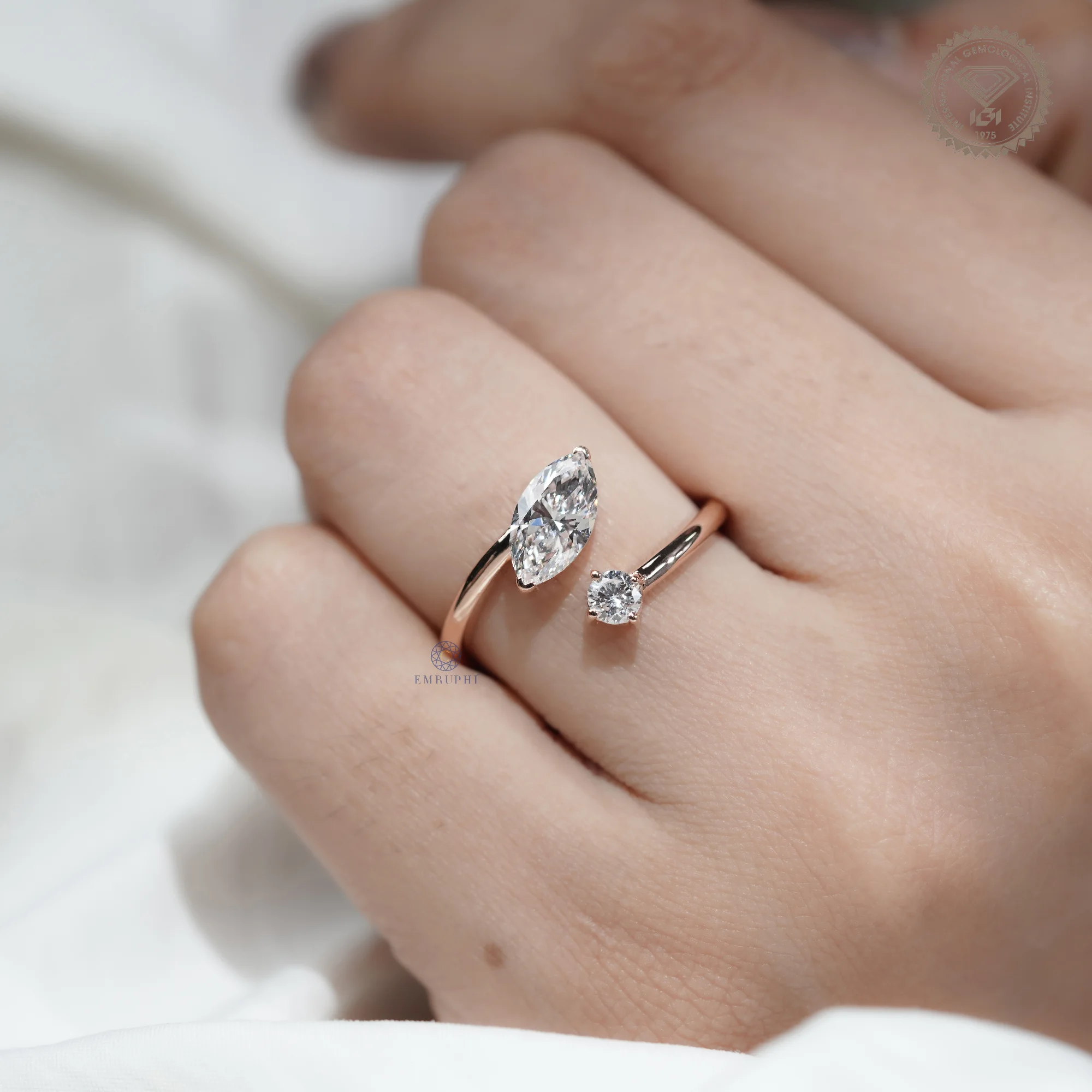 Marquise & Round Lab Grown Diamond Toi et Moi Ring, Open Wrap Engagement Ring, 14K Rose Gold Minimalist Bridal Ring — view 8