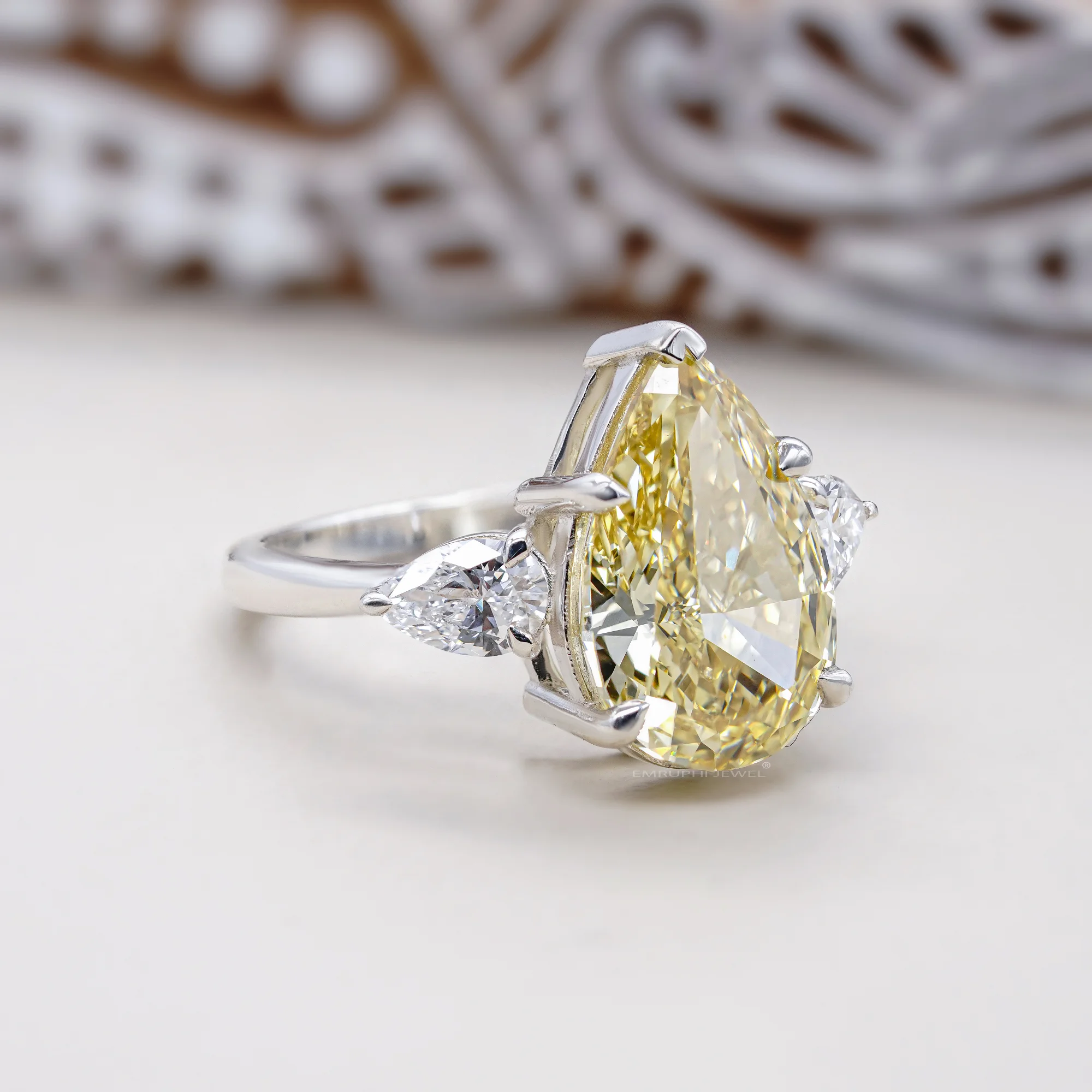 4 CT Lab Grown Yellow Pear Cut Diamond Ring With Side Stones, Three-Stone Wedding Ring — view 3