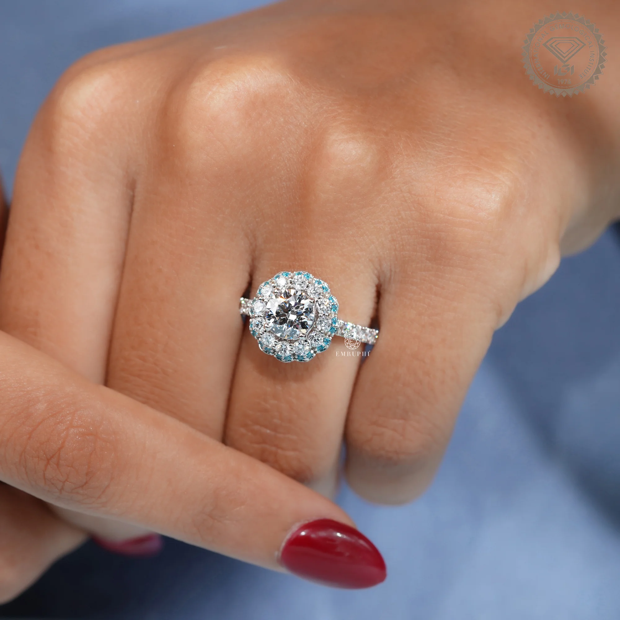 1.20 CT Round Diamond Halo Ring, Blue Diamond Floral Halo Engagement Ring, IGI Certified Diamond — view 7