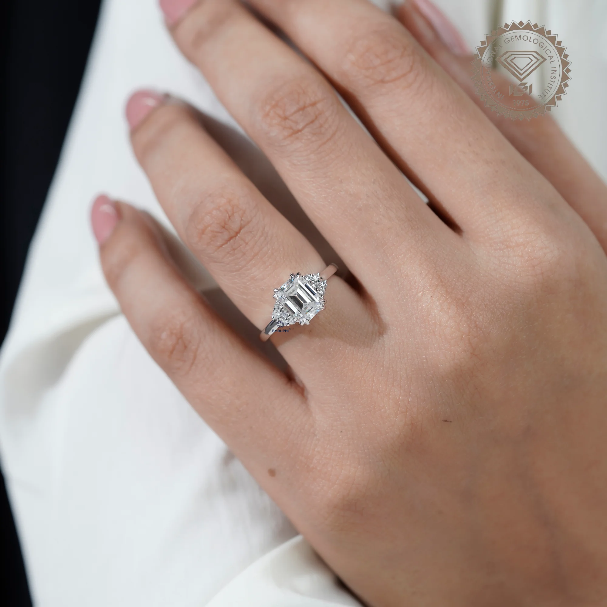 Emerald Cut Labgrown Diamond Engagement Ring, 14k White Gold Snowdrift Cluster Proposal Ring — view 11