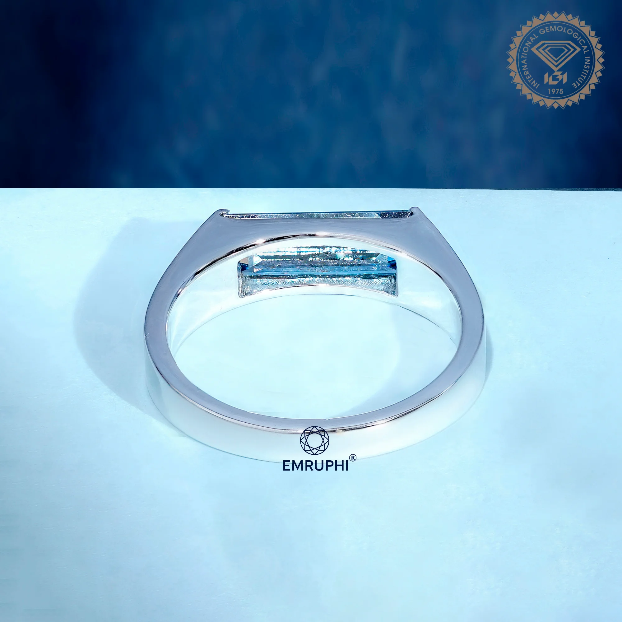 Baguette Cut Vivid Blue Lab Diamond Ring, Baguette Diamond Signet Ring, — view 4