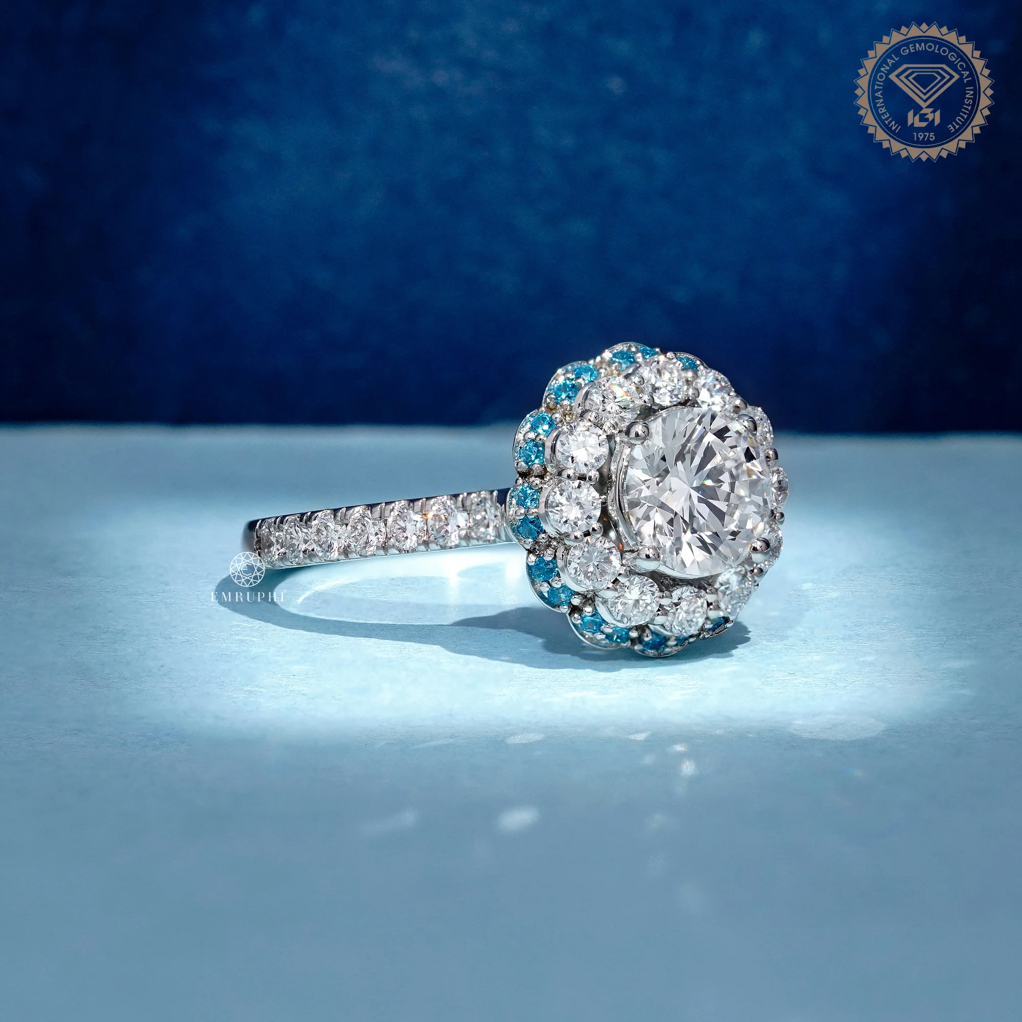 1.20 CT Round Diamond Halo Ring, Blue Diamond Floral Halo Engagement Ring, IGI Certified Diamond — view 3