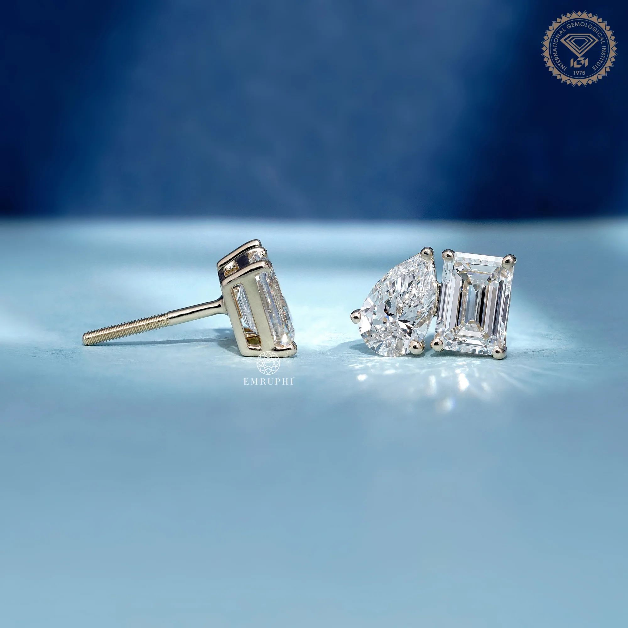 4.00 TCW Emerald & Pear Diamond Earrings, Toi et Moi Studs, 14K Yellow Gold Earrings — view 2