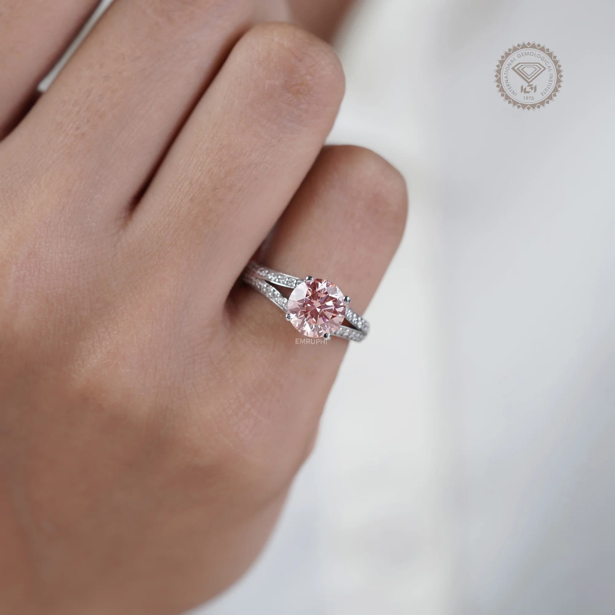 2.00 CT Pink Lab Diamond Engagement Ring, 14K White Gold Split Shank Ring — view 8