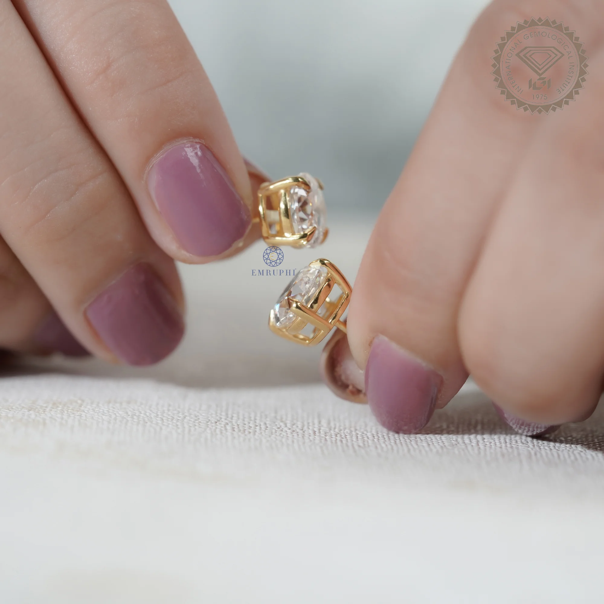 Round Old Mine Stud Earrings in 14k Yellow Gold, Solitaire Stud For Women — view 14