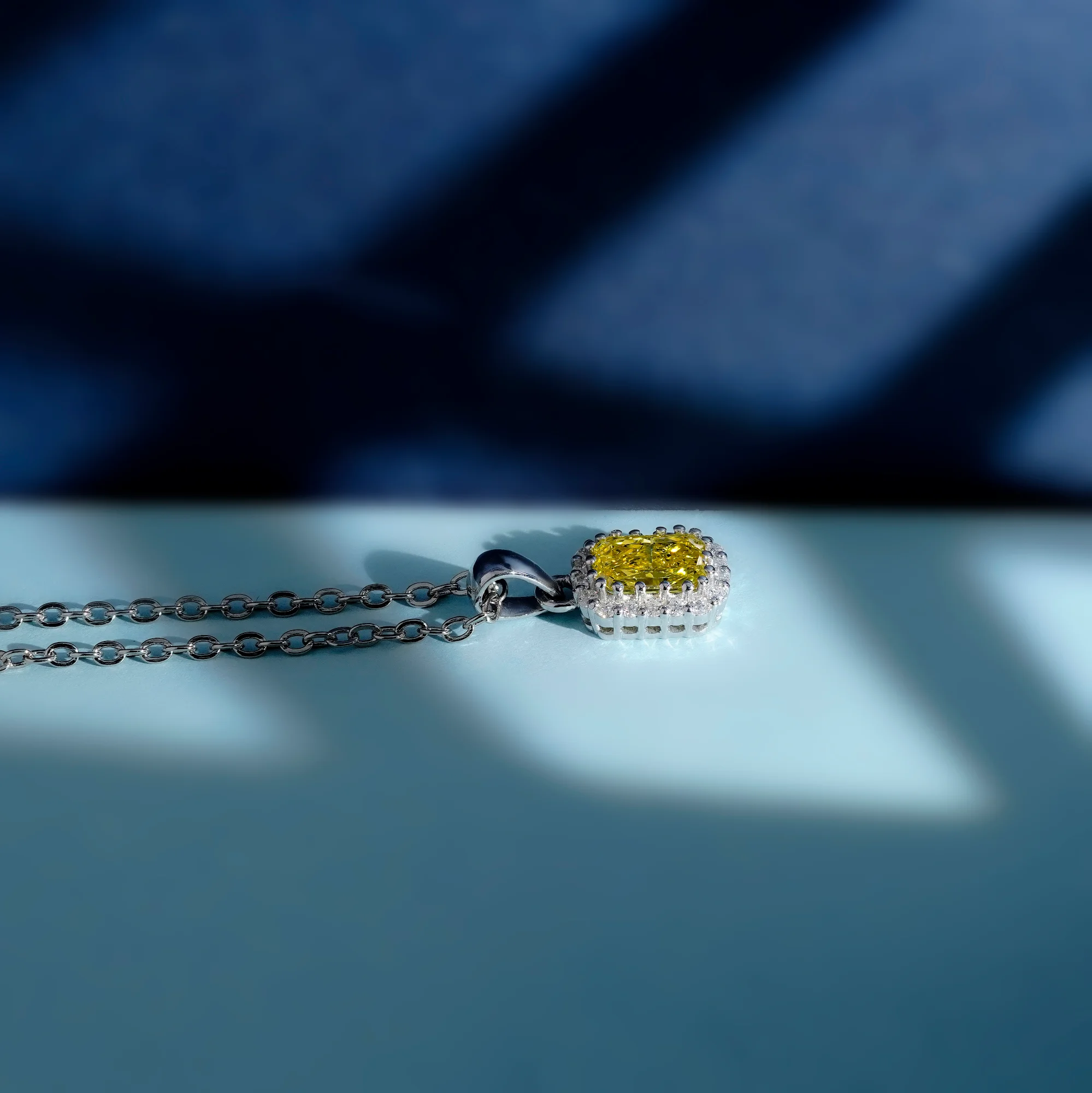 Vivid Yellow Radiant Cut Lab Diamond Pendant, 10K White Gold Double Halo Necklace — view 2