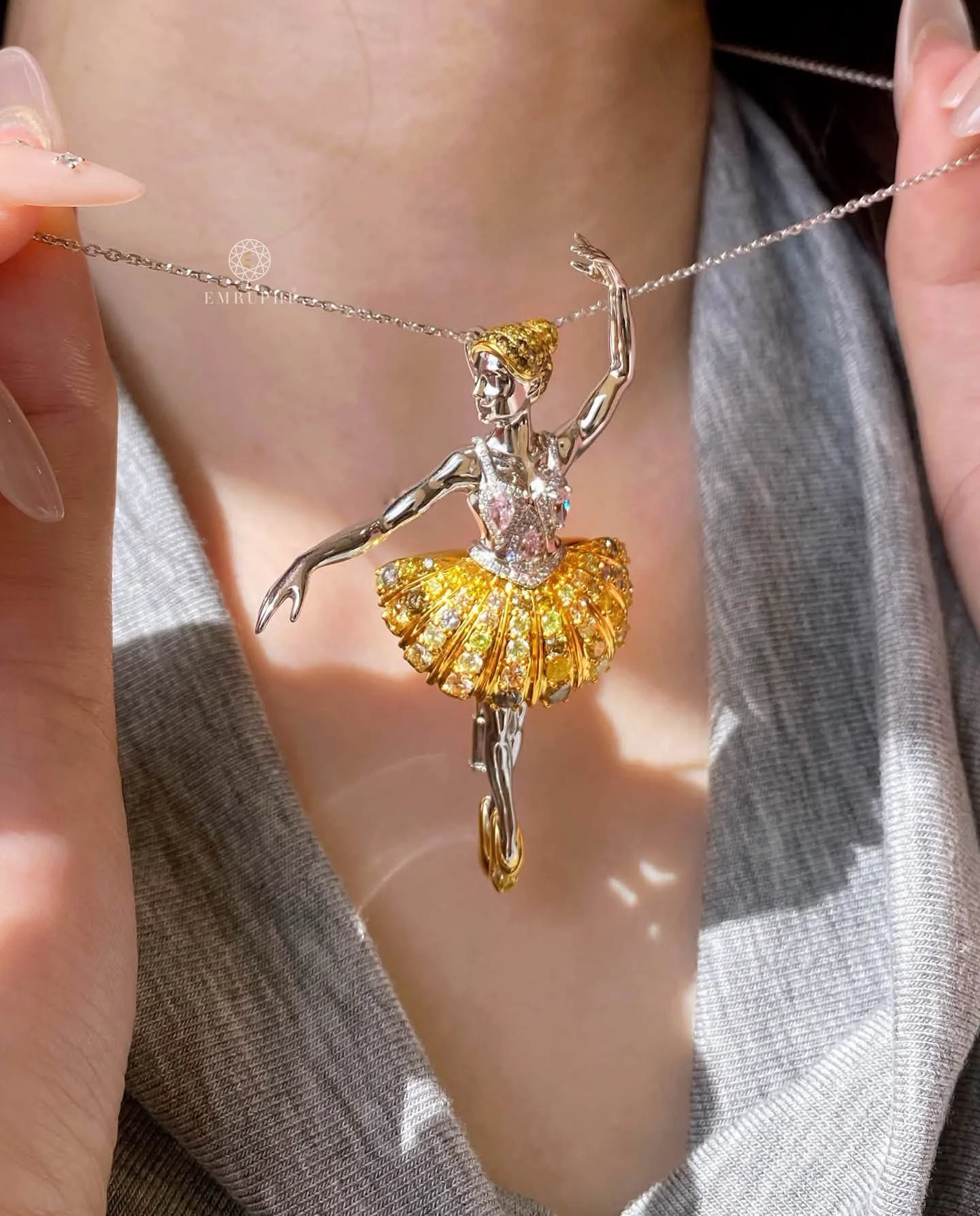 Lab Grown Fancy Yellow Diamond Ballerina Brooch Pendant, Dual Function Ballerina Dancer Pin Necklace — view 4