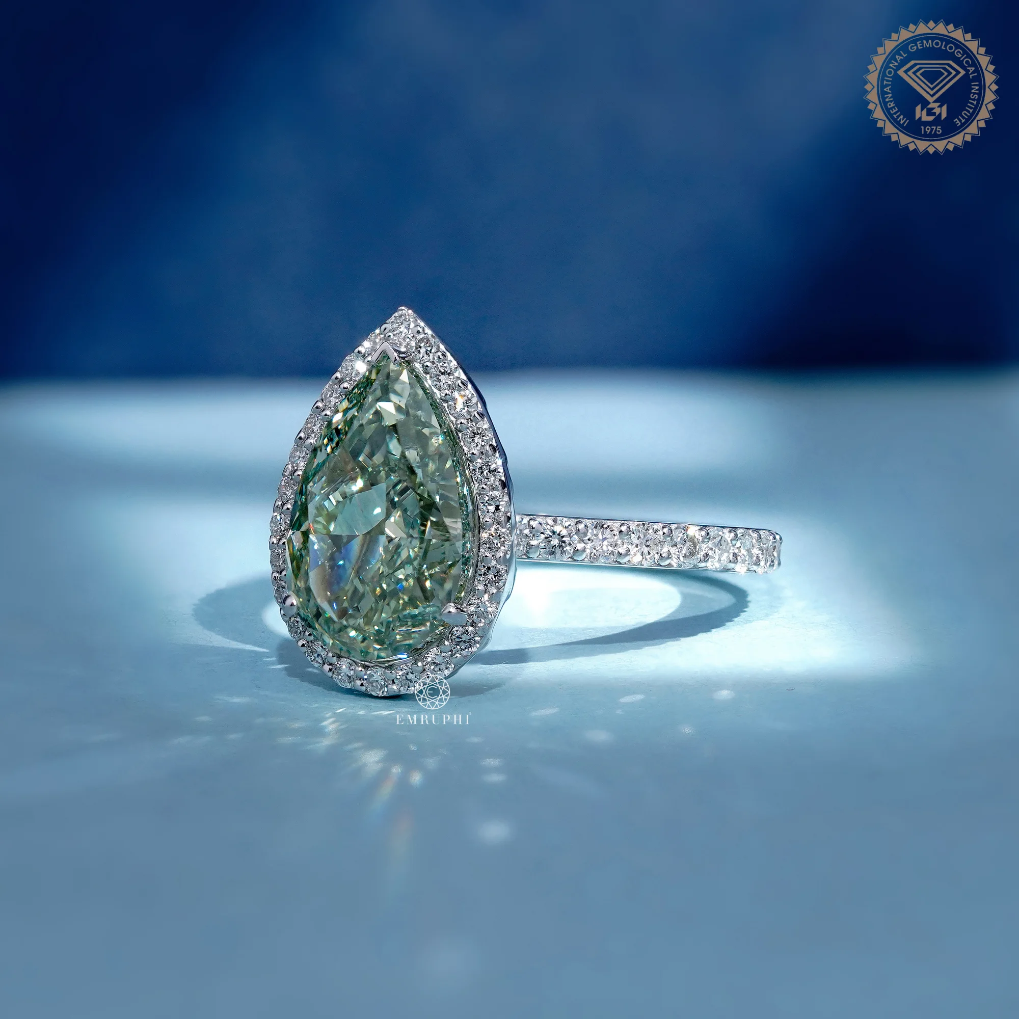 3.5 CT Pear Vivid Green Lab Grown Diamond Halo Ring, IGI Certified, Green Diamond Engagement Ring — view 2