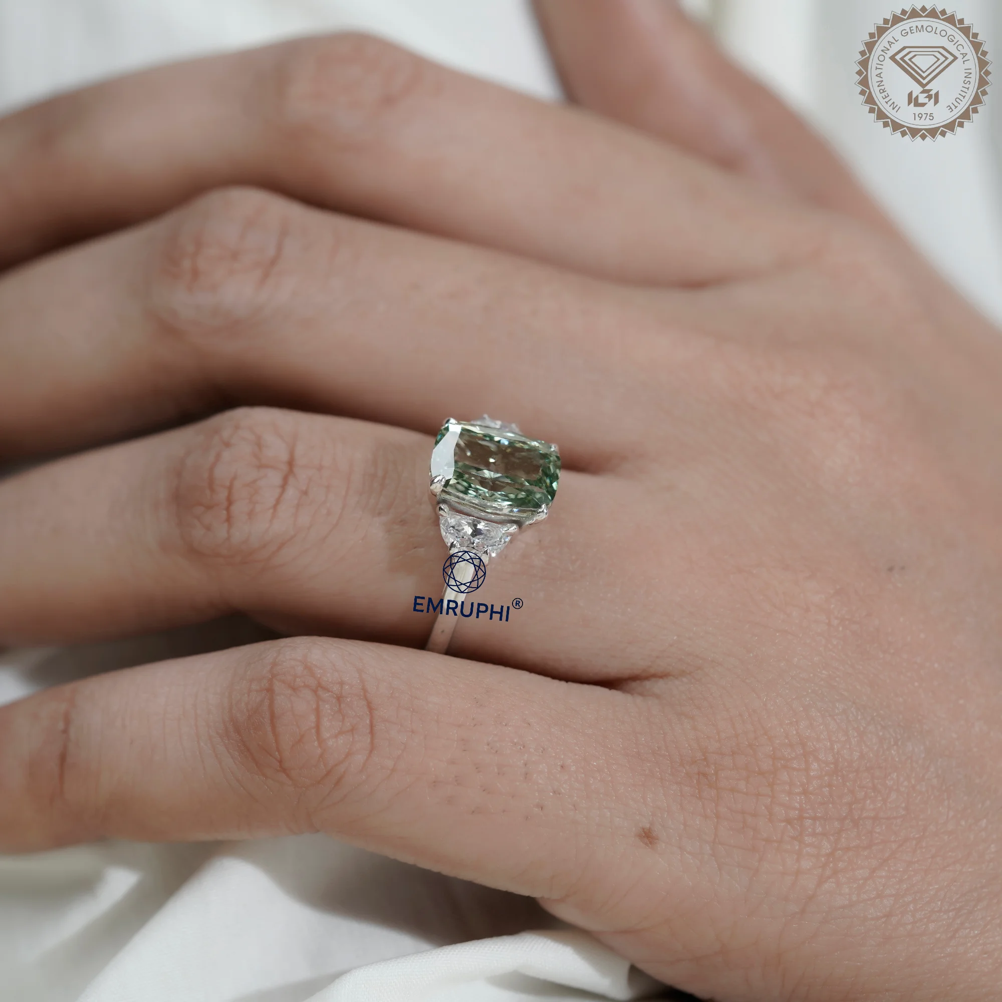 Vivid Green Cushion Diamond Three Stone Ring, 14K Gold Engagement Ring (IGI Certified) — view 10
