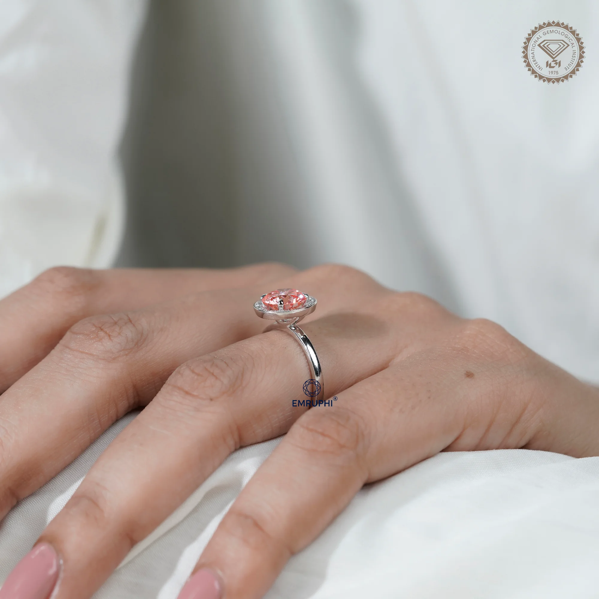 2 CT Round Halo Engagement Ring, Vivid Pink Center Stone, Diamond Halo Ring, Romantic Proposal Ring — view 8