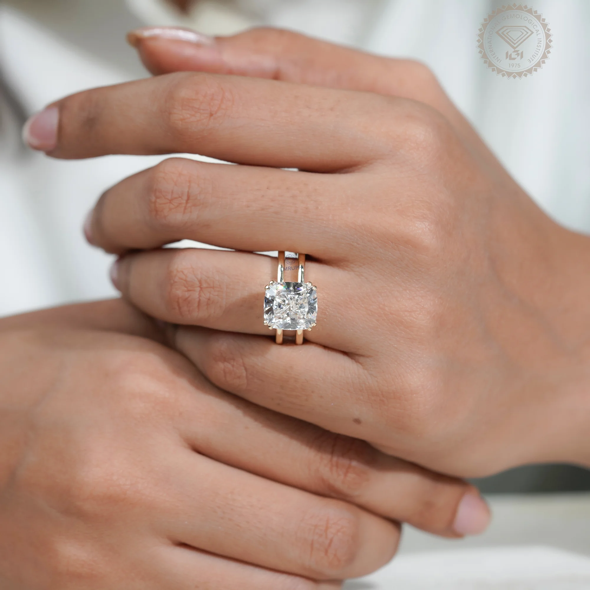 6 Carat Cushion Lab Grown Diamond Engagement Ring, Gold Solitaire Ring — view 8