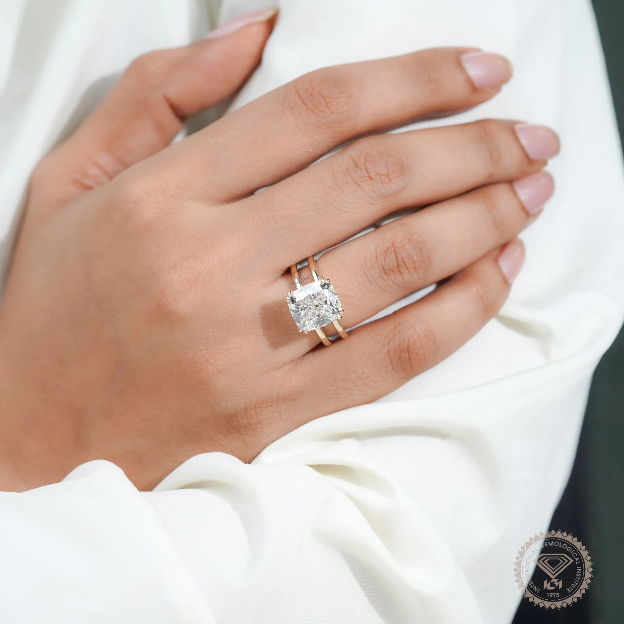 6 Carat Cushion Lab Grown Diamond Engagement Ring, Gold Solitaire Ring — view 15