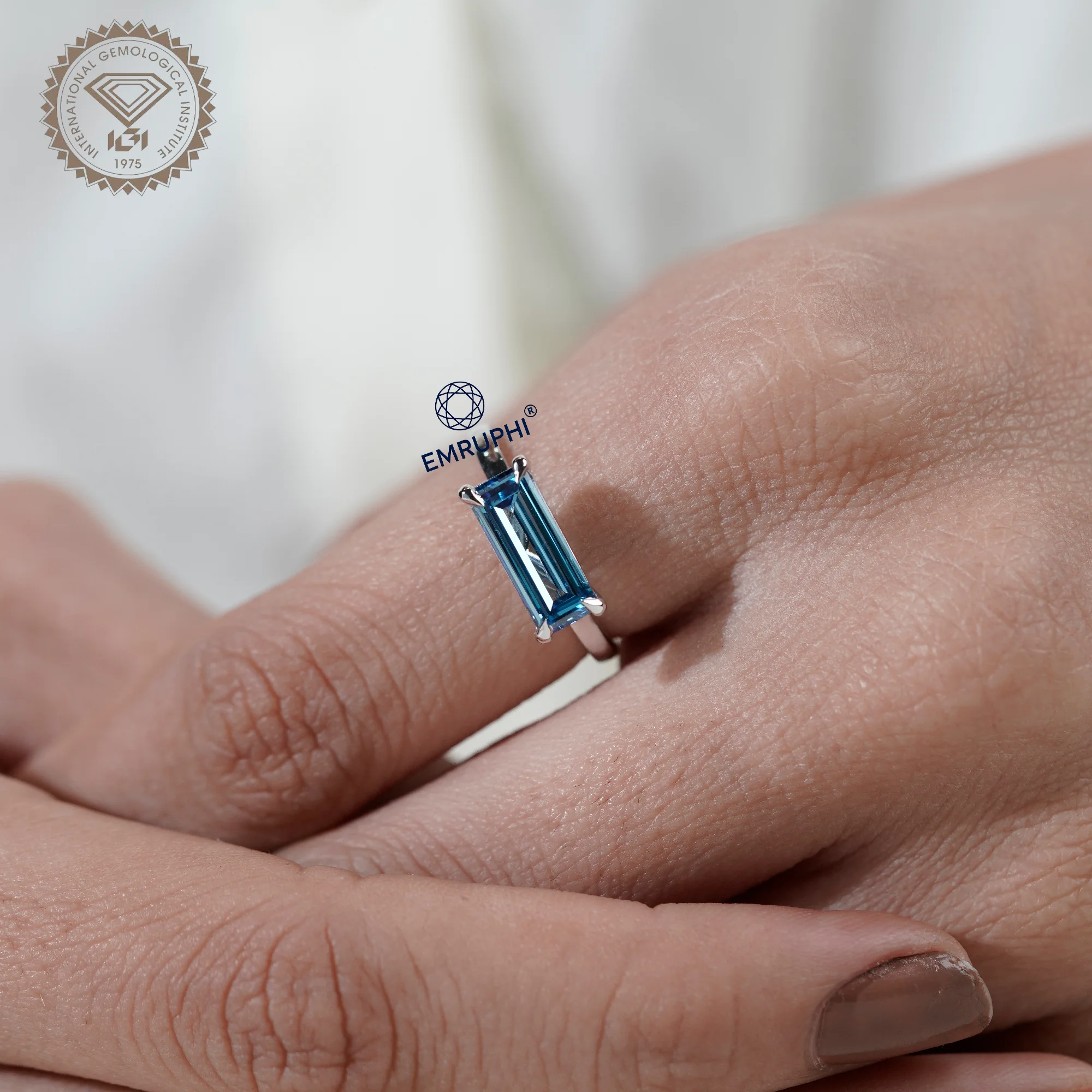Baguette Diamond Solitaire Ring, Vivid Blue Lab Diamond Baguette — view 9