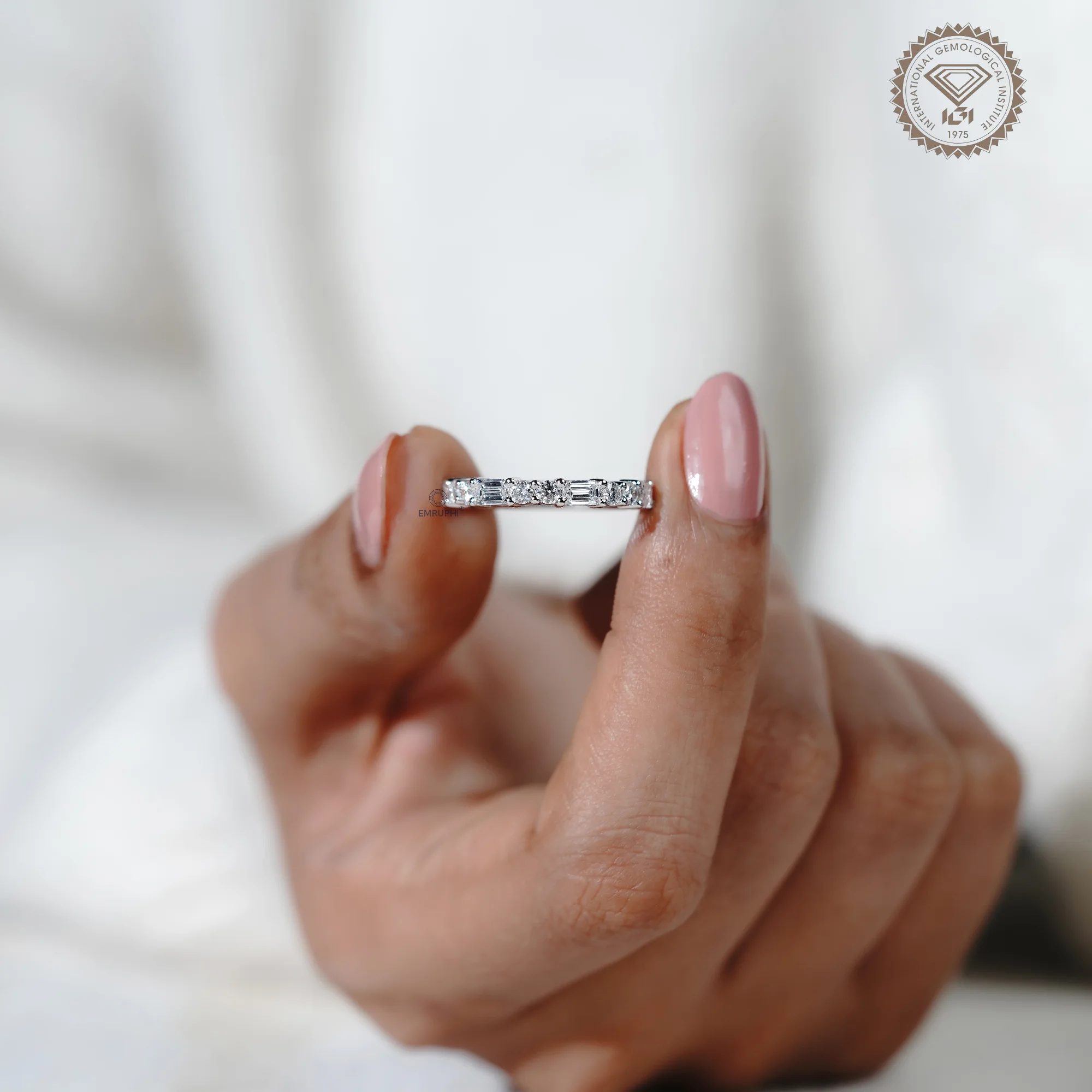 Lab Grown Diamond Half Eternity Band, Emerald Round Cut, Minimalist Wedding Ring — view 5