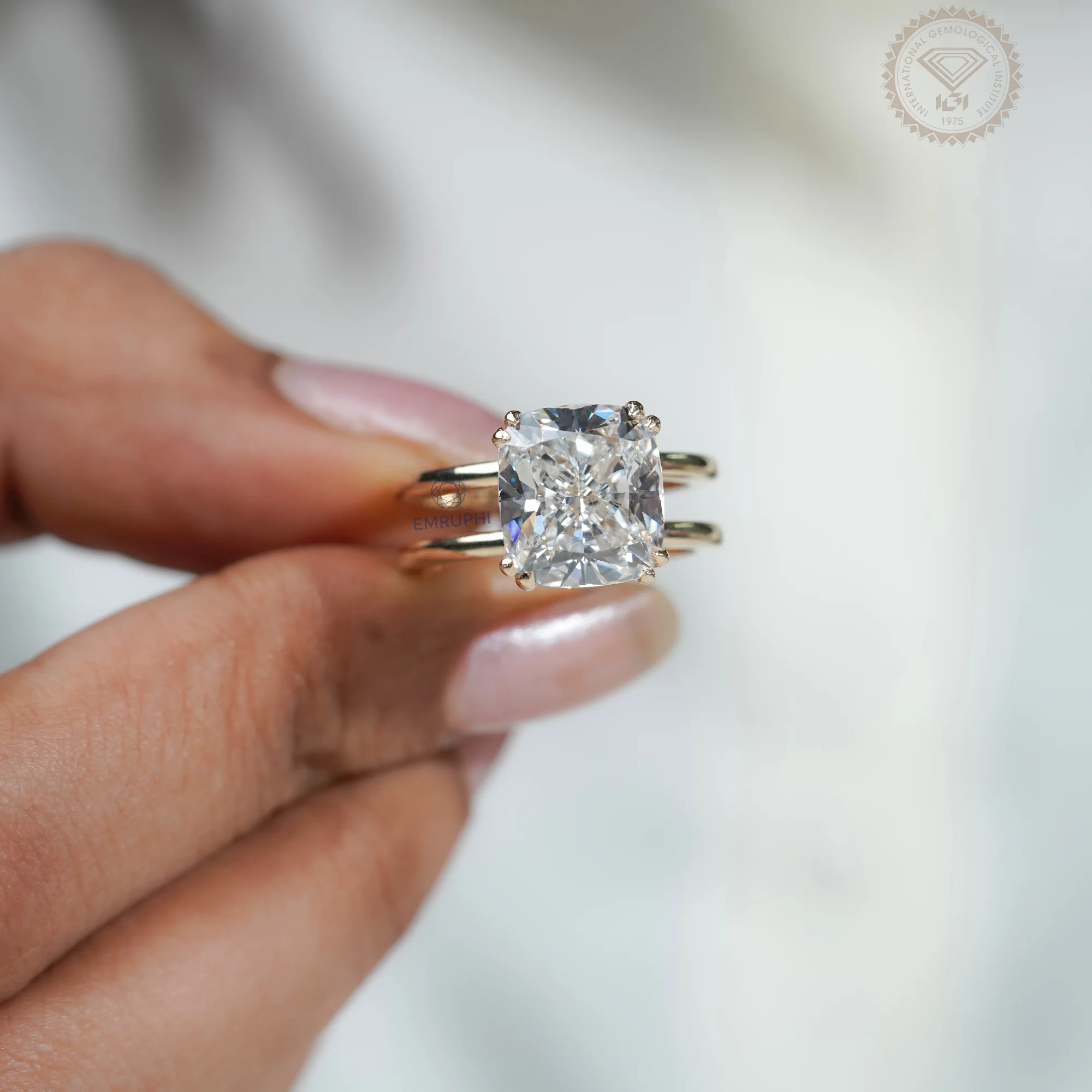 6 Carat Cushion Lab Grown Diamond Engagement Ring, Gold Solitaire Ring — view 12