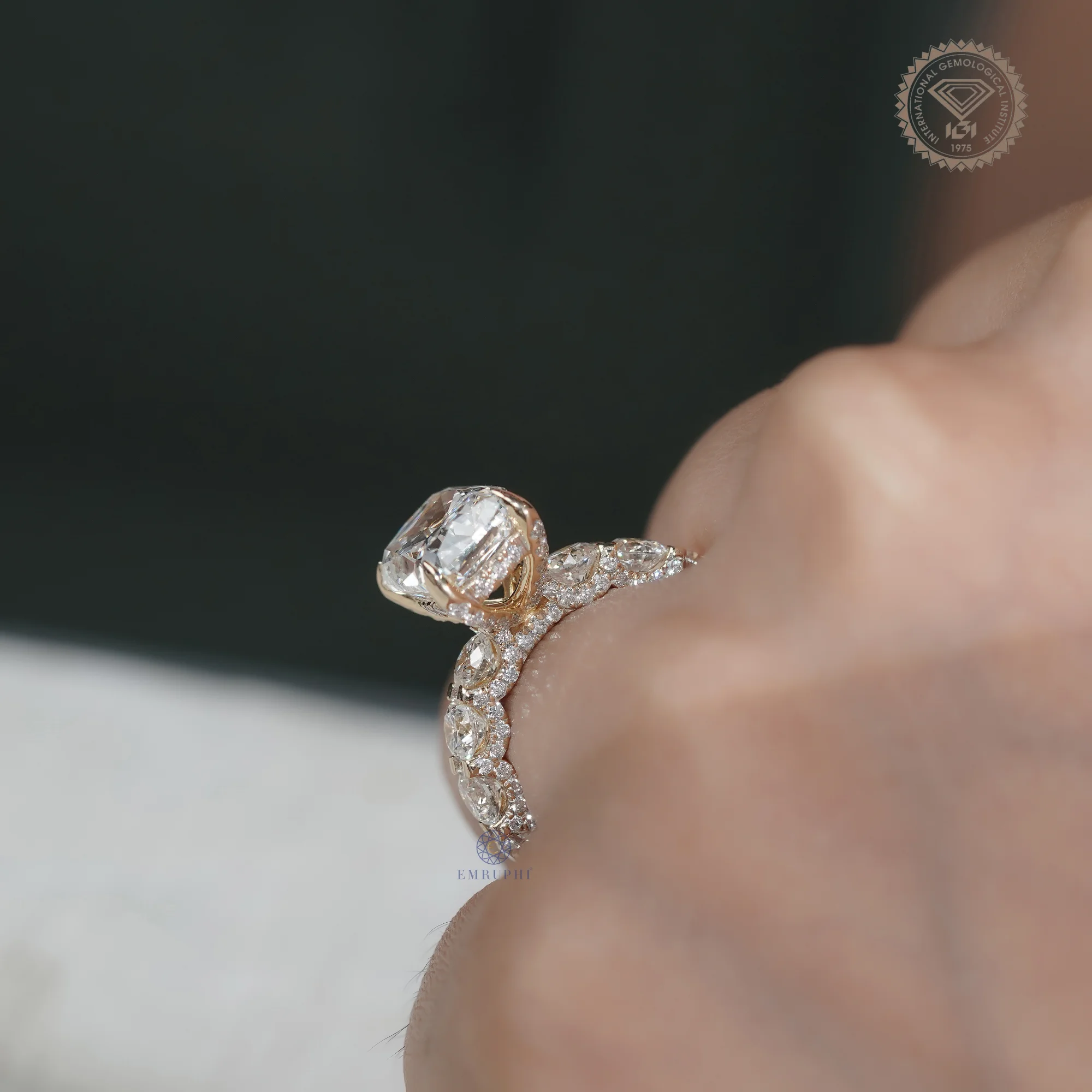 5 CT Cushion Cut Lab Grown Diamond Engagement Ring, Round Diamond Band Ring, 14K Gold Bridal Ring — view 12