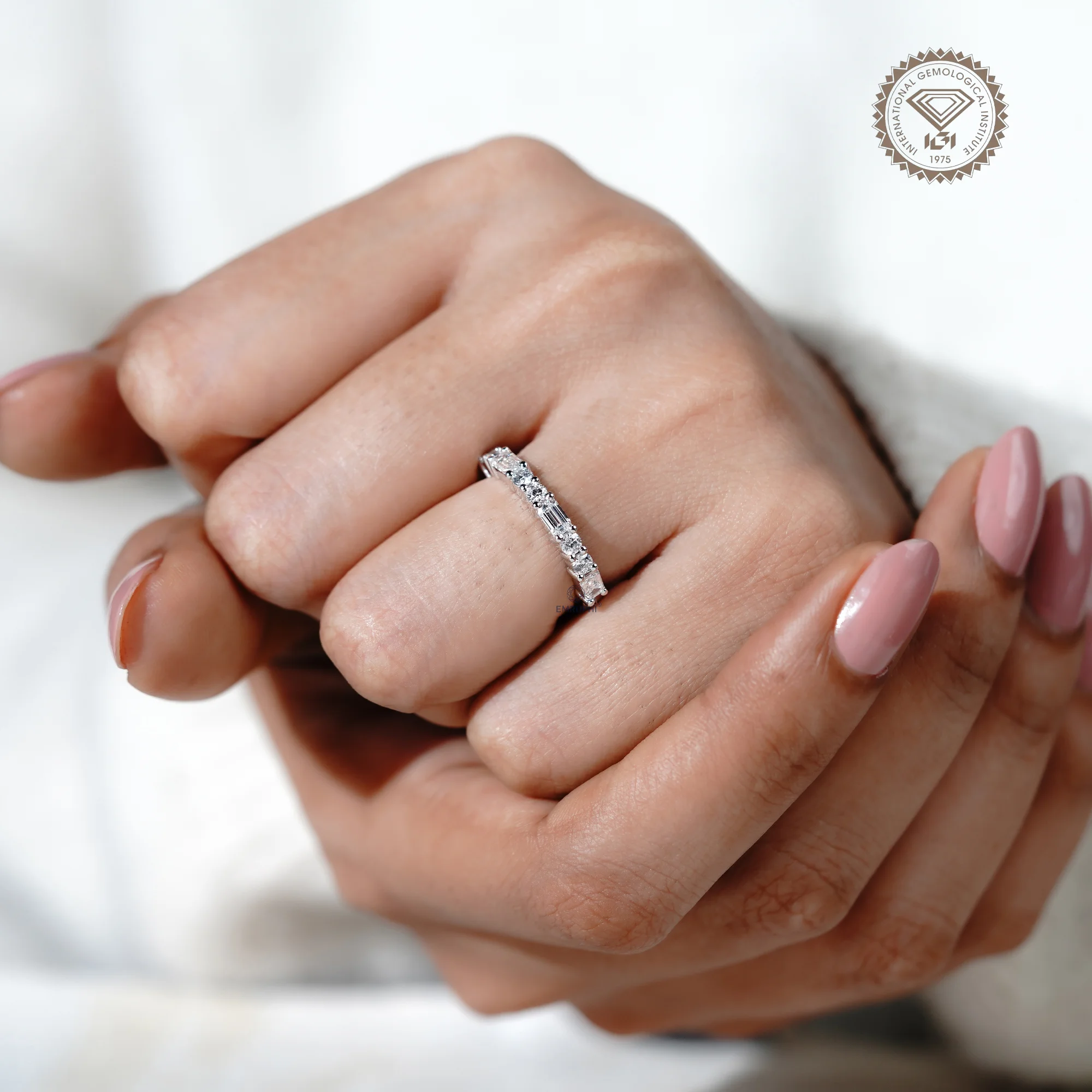 Lab Grown Diamond Half Eternity Band, Emerald Round Cut, Minimalist Wedding Ring — view 10