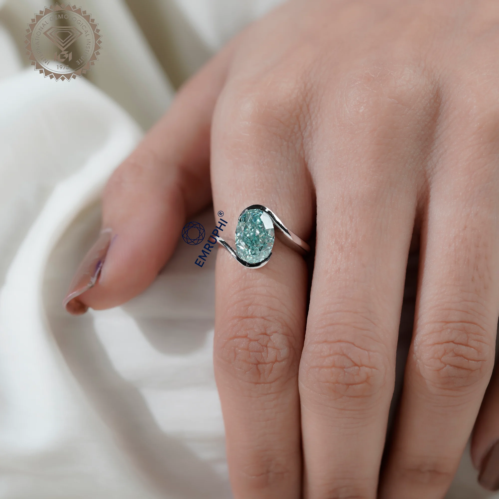 Oval Cut Lab Grown Diamond Ring, 14k White Gold, Antique Greenish Colording Ring — view 9
