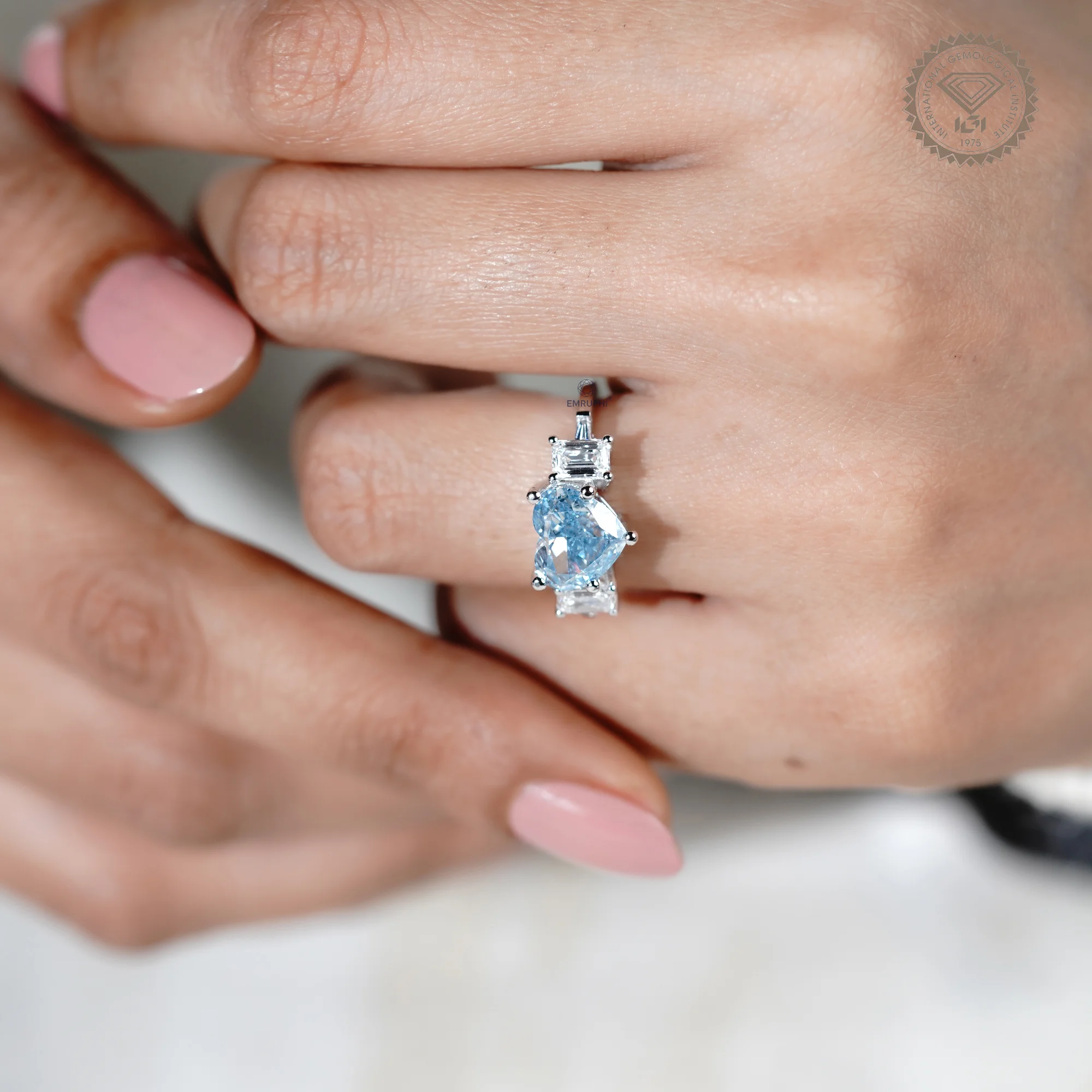 Heart Cut Vivid Blue Lab Diamond Ring, 14k Gold Emerald Accented Engagement Ring — view 11
