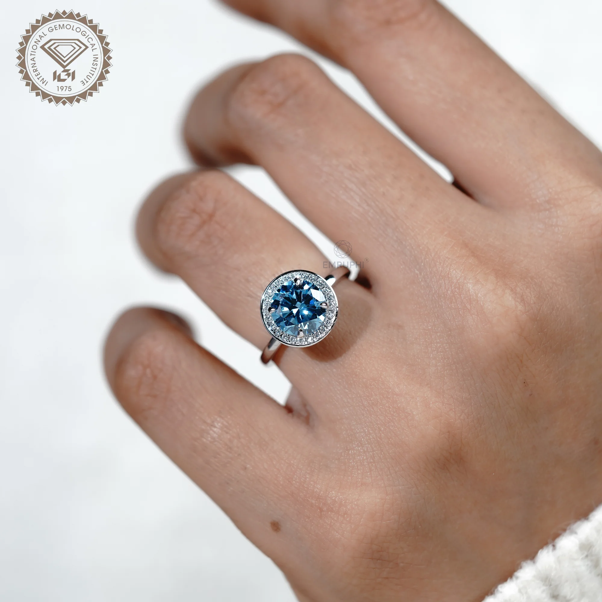 2.00 CT Vivid Blue Round Cut Wedding Ring, Bezel Diamond Engagement Ring, Color Lab Grown Diamond Ring — view 11