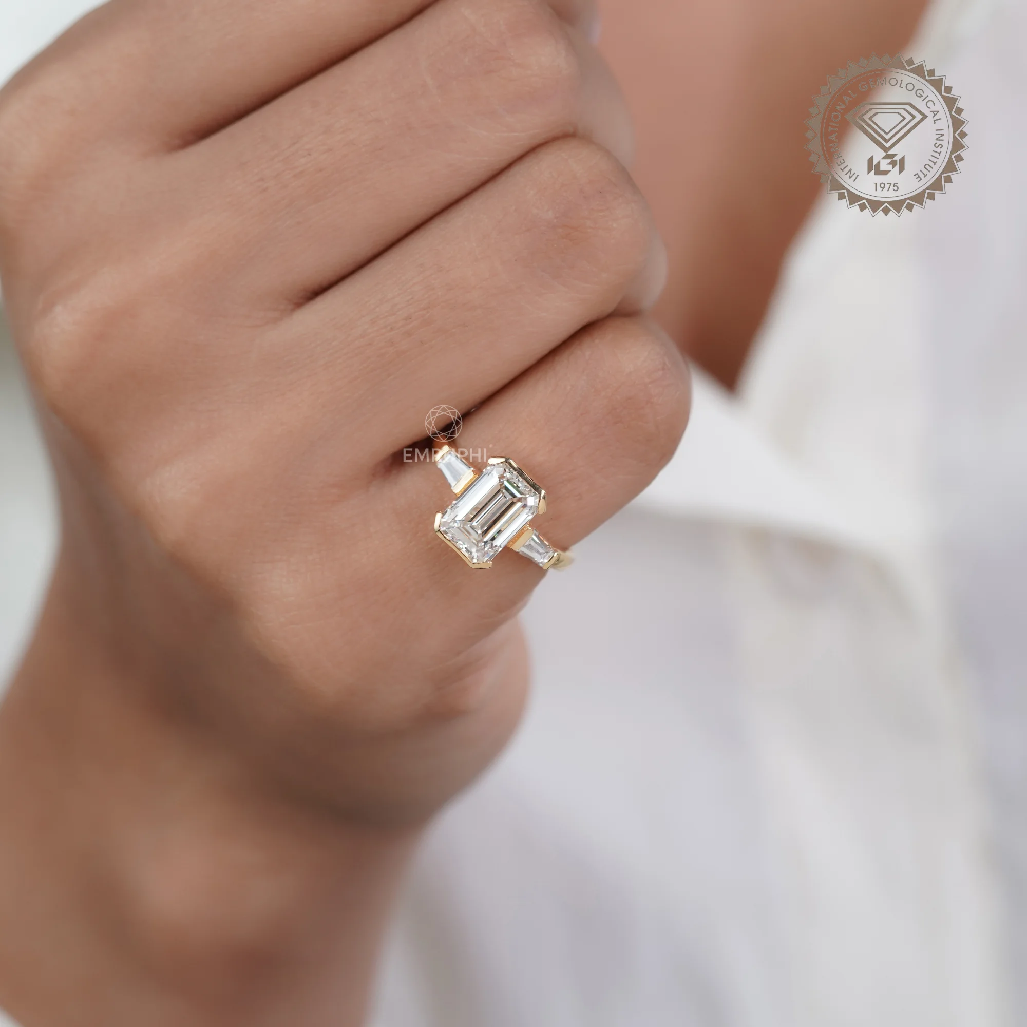 3 Carat Emerald Cut Lab Grown Diamond Ring, Tapered Baguette Ring — view 11
